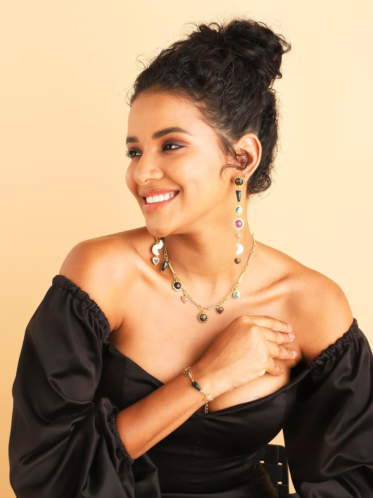 Stellar Elegance Combo - 7 Healing Stones Drop Earrings & Link Chain Necklace