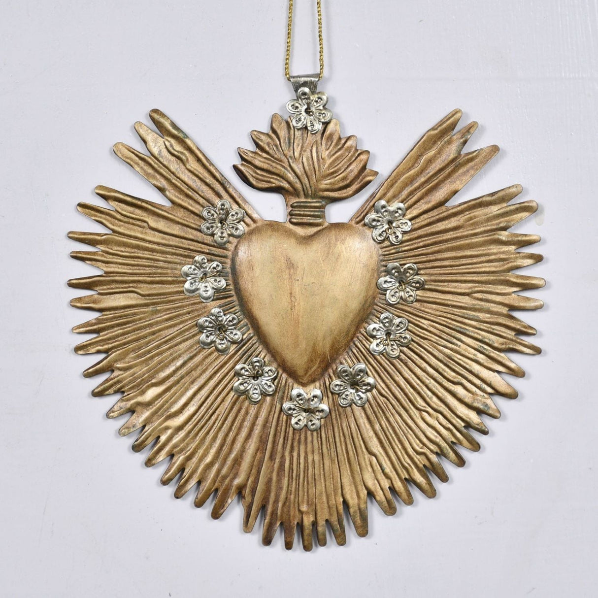 Large Antique Gold Milagro Heart " Sunburst Flame"
