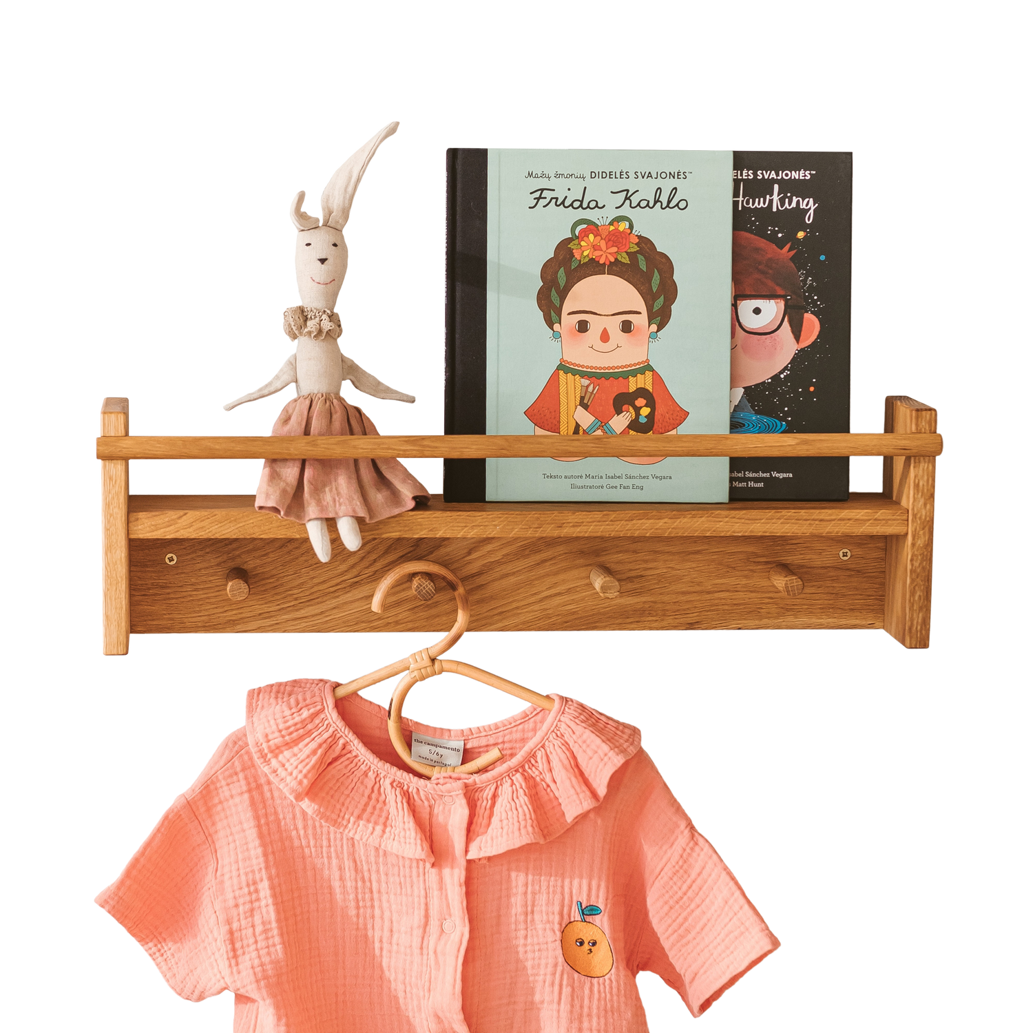 MINICAMP Floating Kids Bookshelf with Coat Hooks Made of Solid Oak