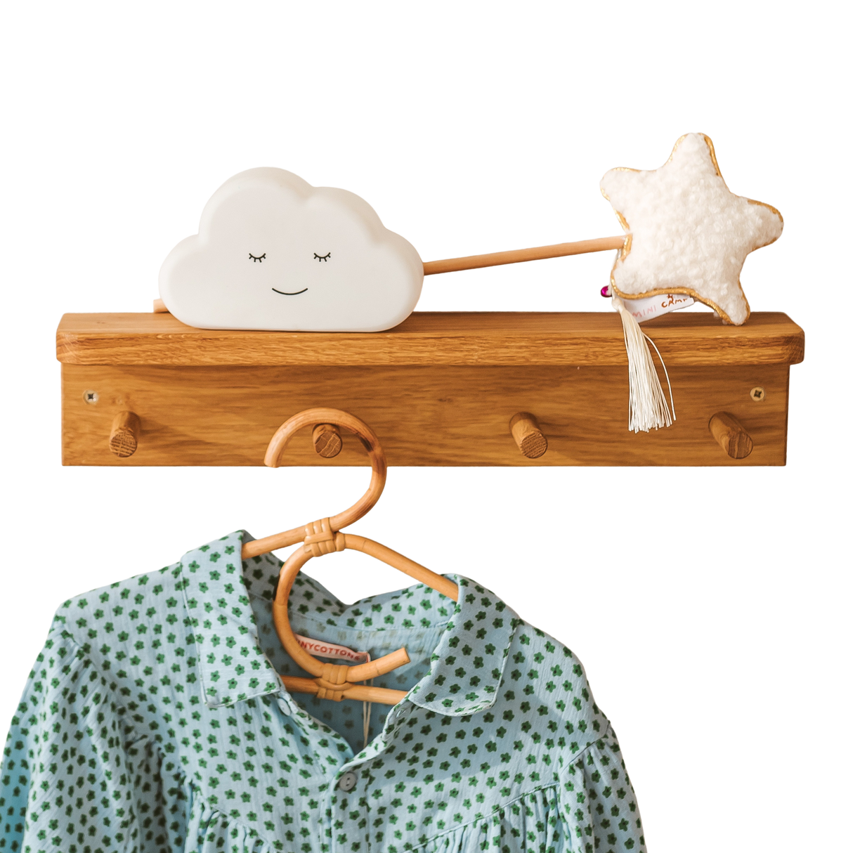MINICAMP Floating Kids Bookshelf with Coat Hooks Made of Solid Oak