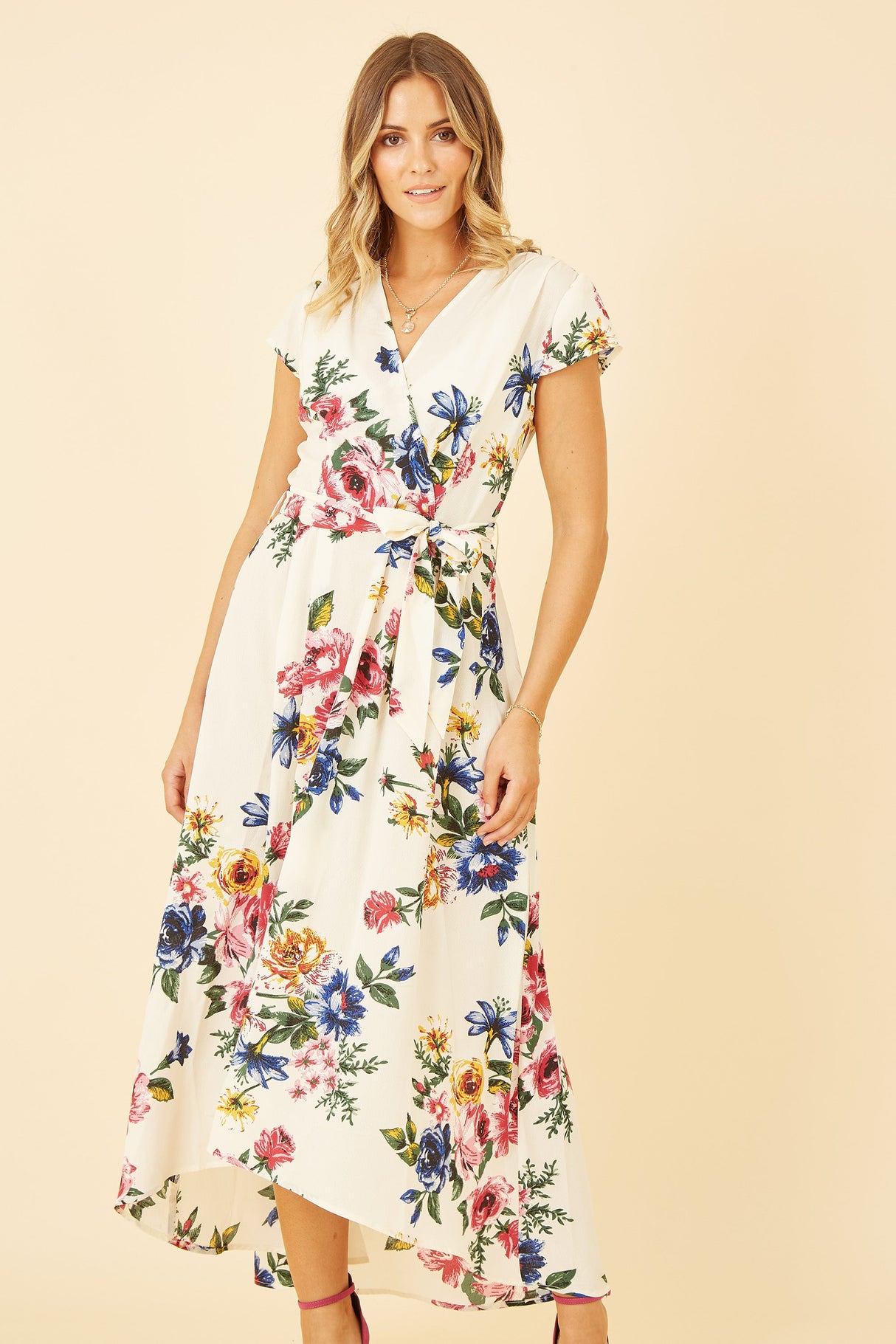 Yumi Ivory Floral Wrap Dip Hem Dress