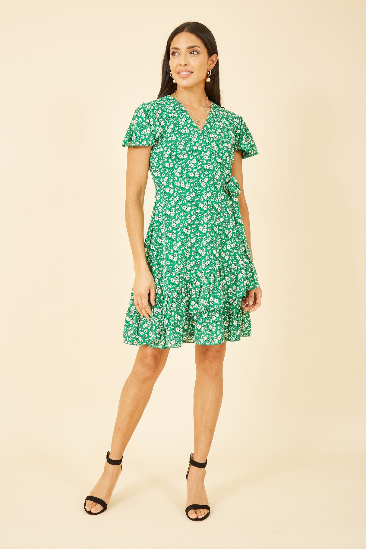 Yumi Green Ditsy Floral Wrap Frill Dress