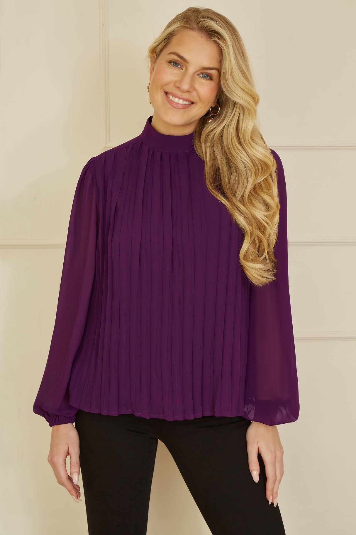 Yumi Plum Pleated Long Sleeve Top With High Neck