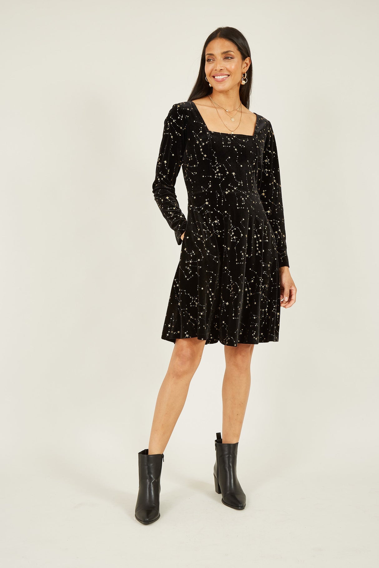 Yumi Black Star Foil Print Long Sleeve Skater Dress