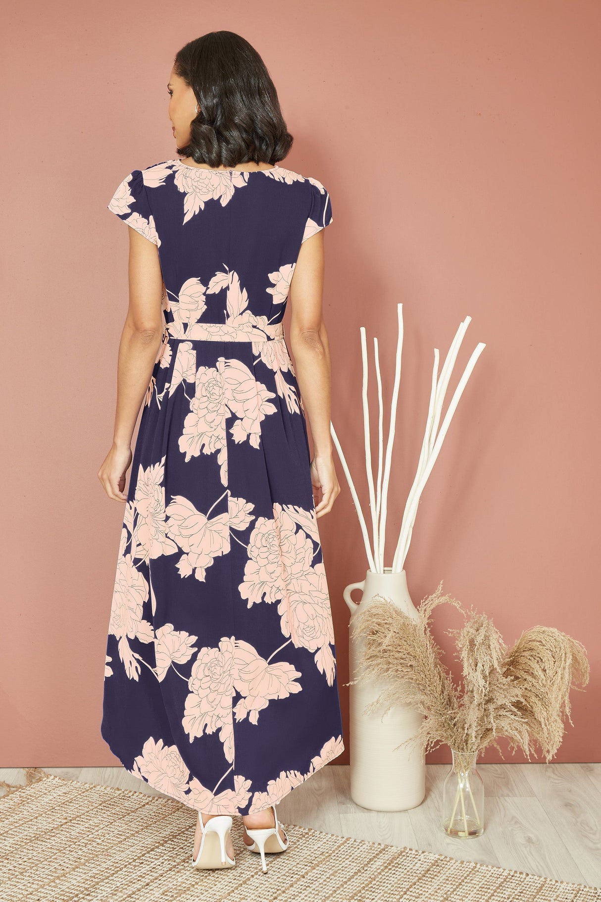Yumi Navy Blossom Print Wrap Midi With Dipped Hem