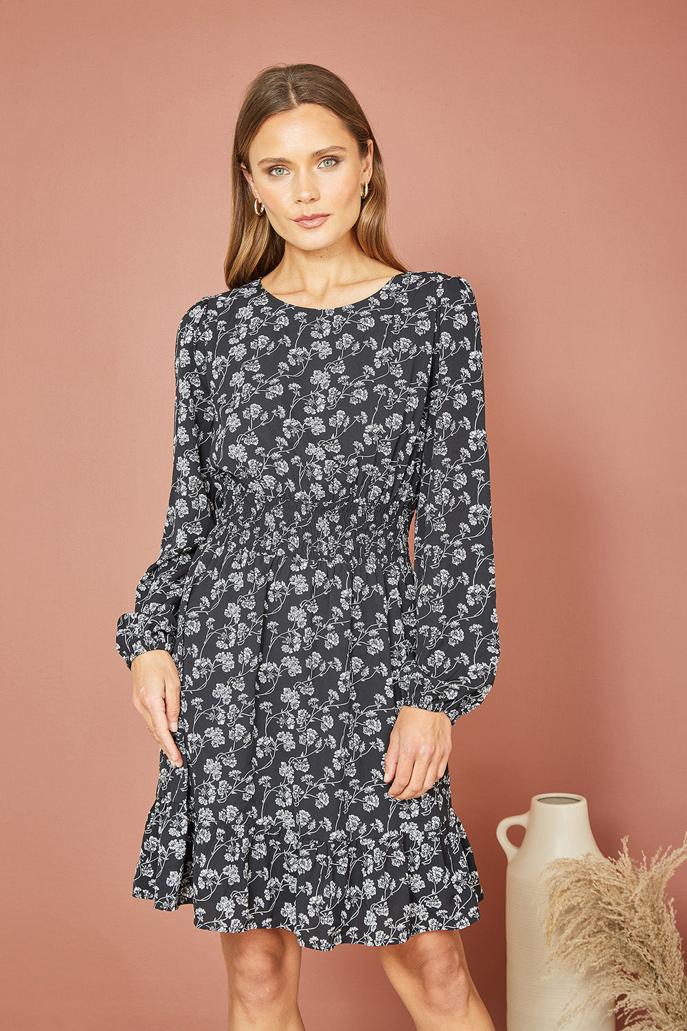 Mela Black Floral Print Ruched Waist Long Sleeve Skater Dress