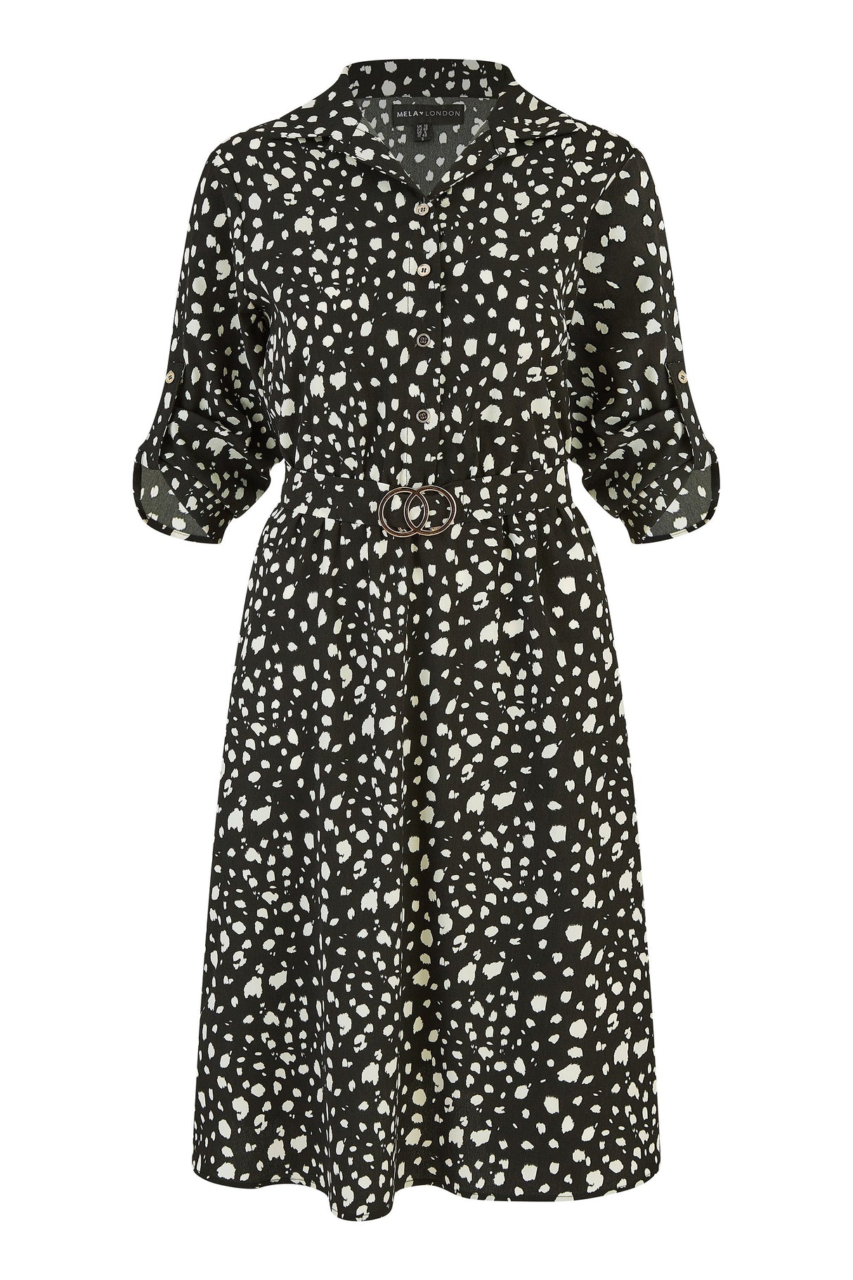 Mela Black Dash Print Skater Dress With Buckle