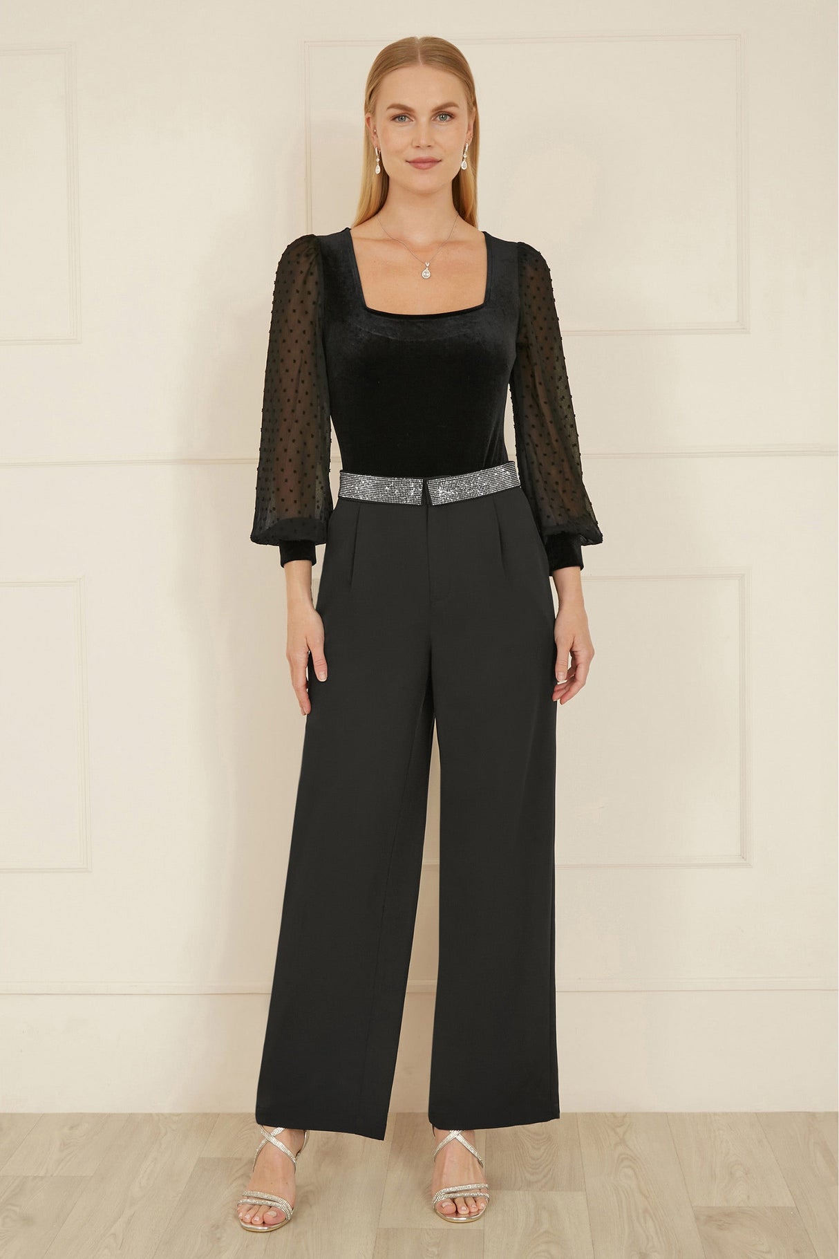 Mela Black Velvet Bodysuit With Sheer Sleeves And Square Neckline
