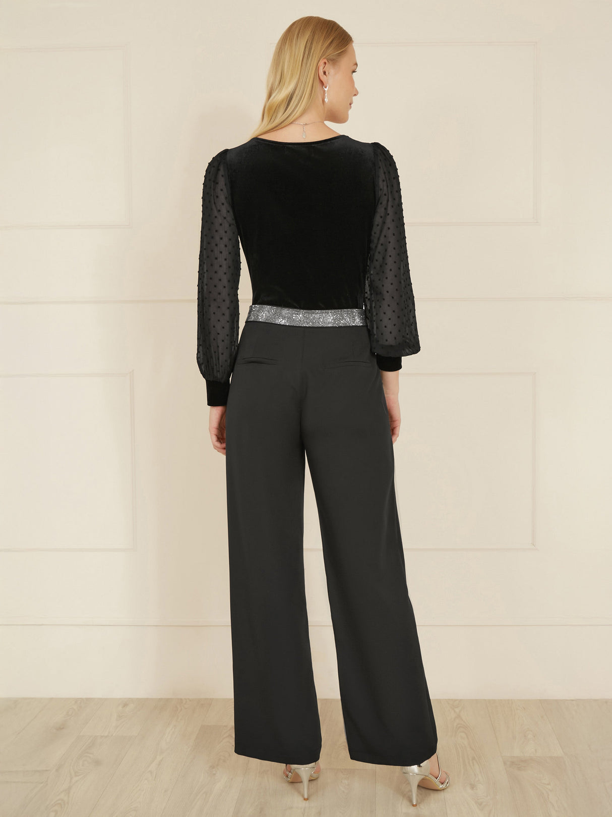 Mela Black Velvet Bodysuit With Sheer Sleeves And Square Neckline