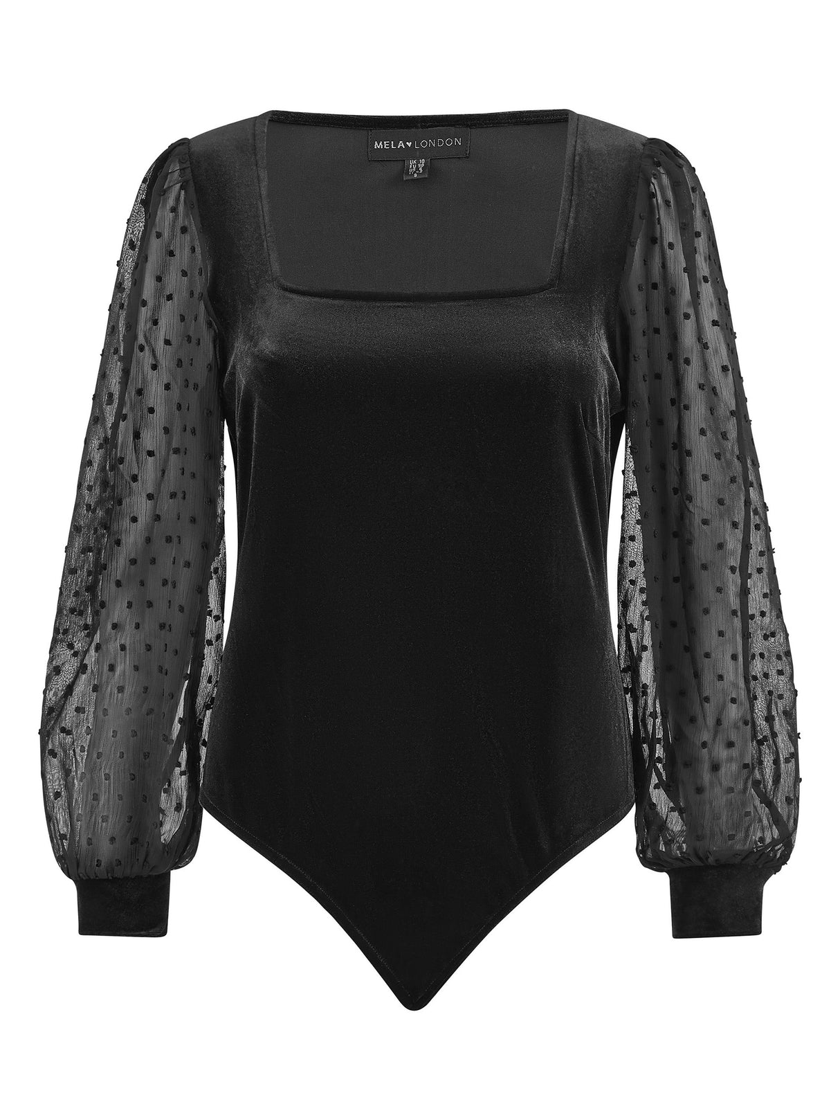 Mela Black Velvet Bodysuit With Sheer Sleeves And Square Neckline