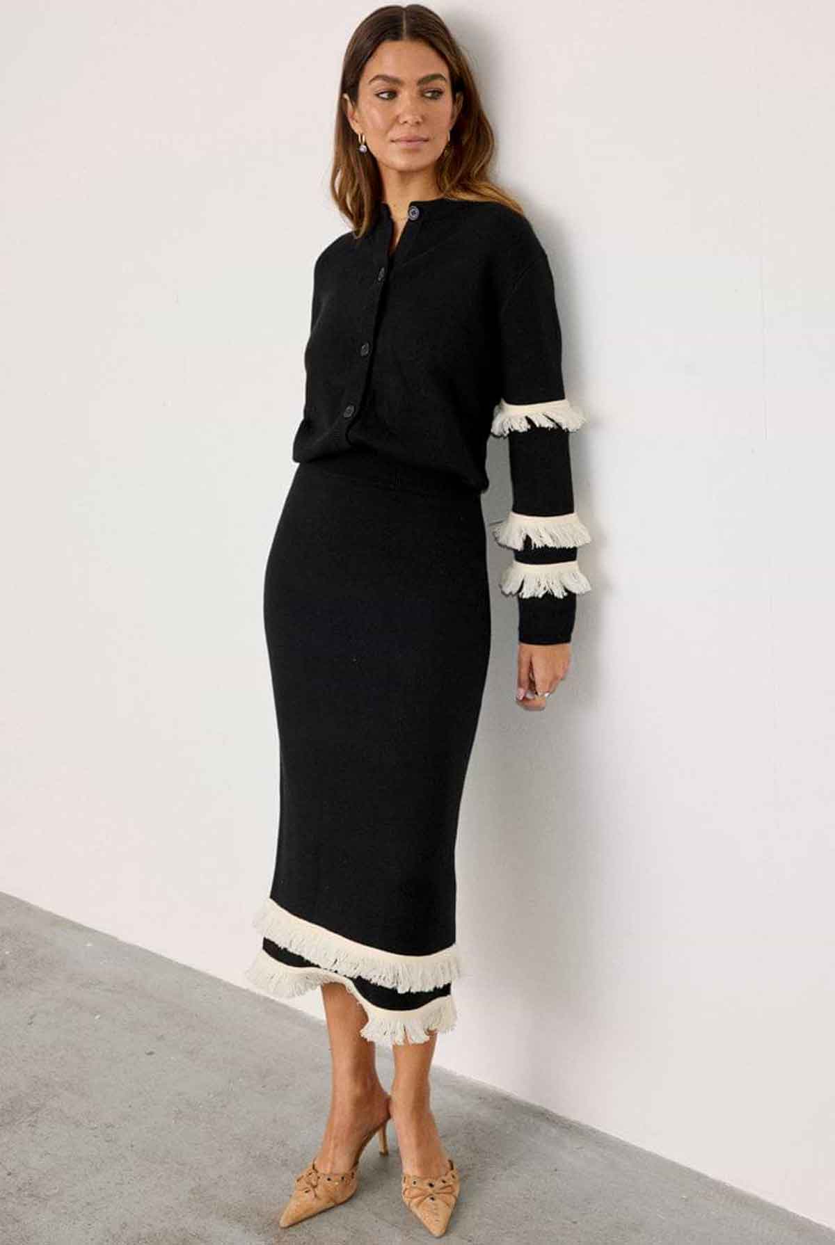 Black and Cream Fringe Straight Knit Skirt