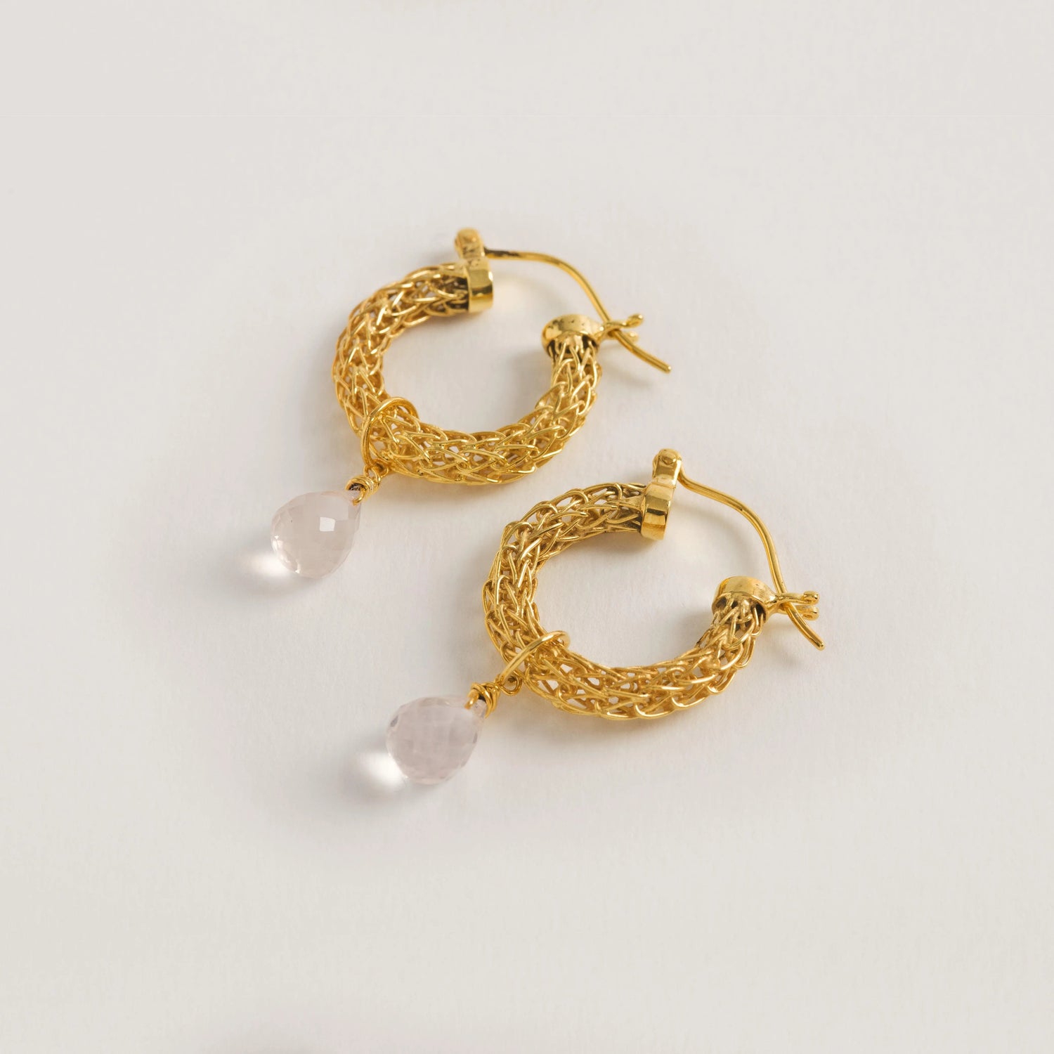 Gold Weave Mini Hoops With Rose Quartz Charm