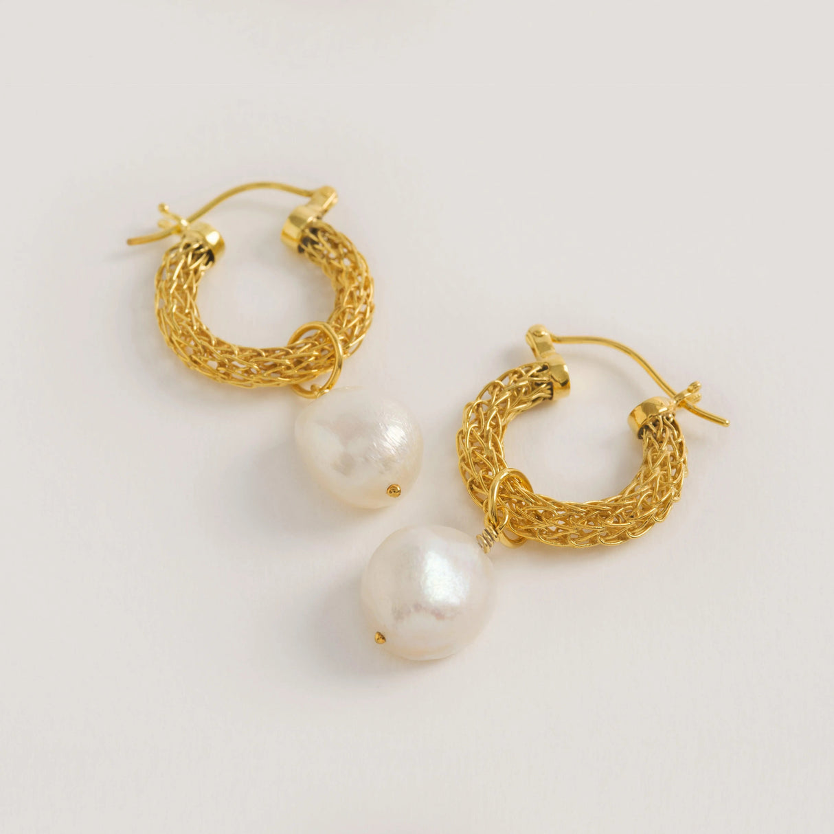 Gold Weave Mini Hoops With Baroque Pearl