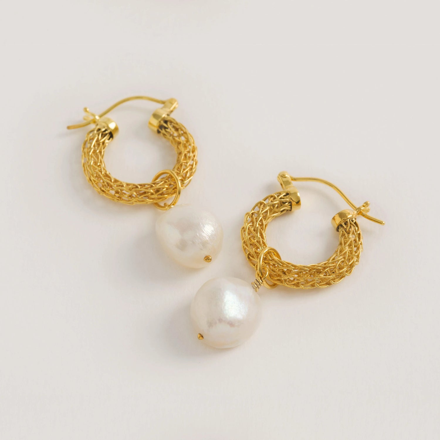 Gold Weave Mini Hoops With Baroque Pearl