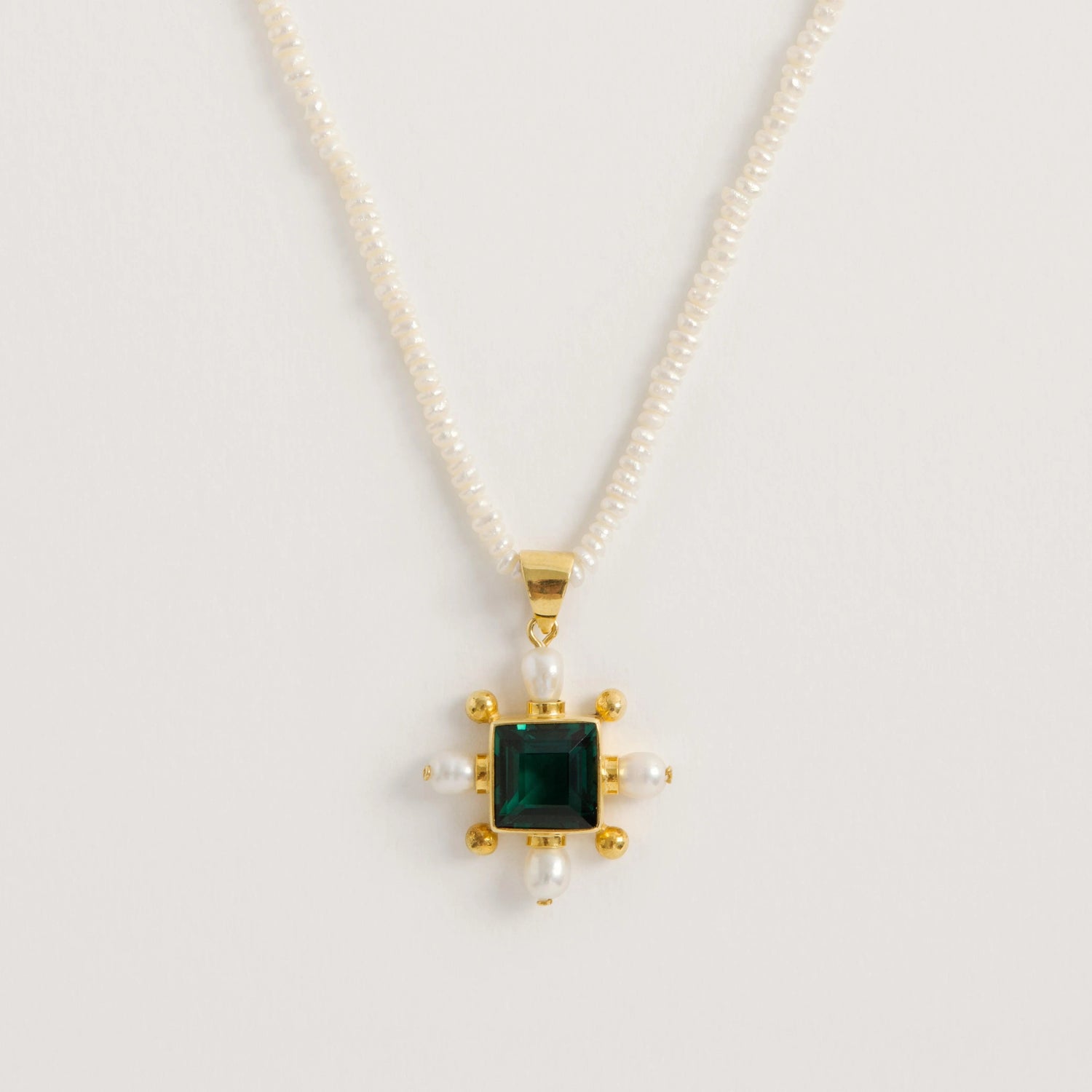 Seed Pearl Necklace With Green Quartz Cross Pendant