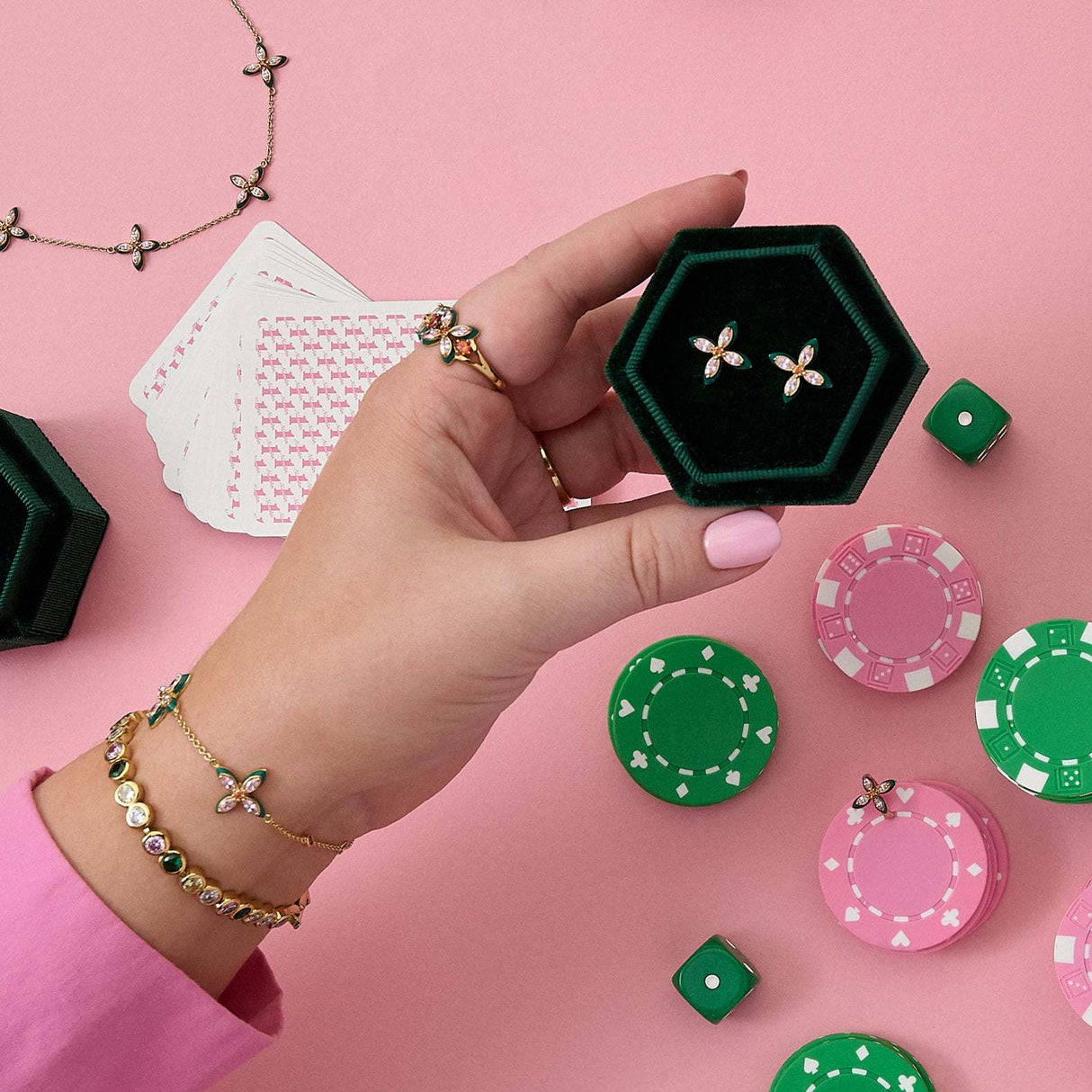 Lucky Clover Stud Earrings, Emerald Green, Blush Pink & Gold