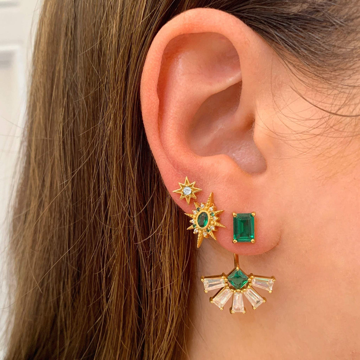 Luna Moon & Star Stud Earrings Emerald Green & Gold