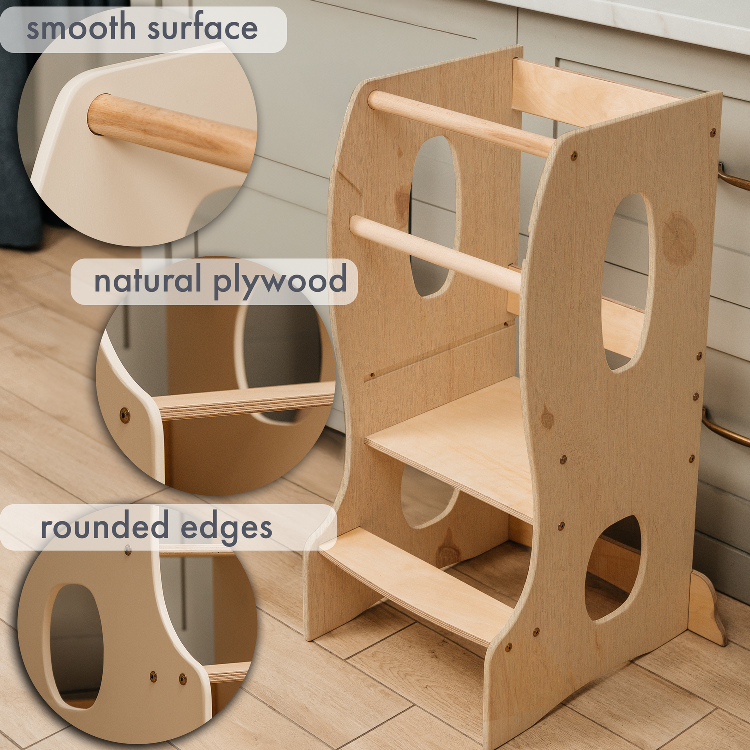 Stable Montessori Learning Tower: Wooden Growing Chair - Beige