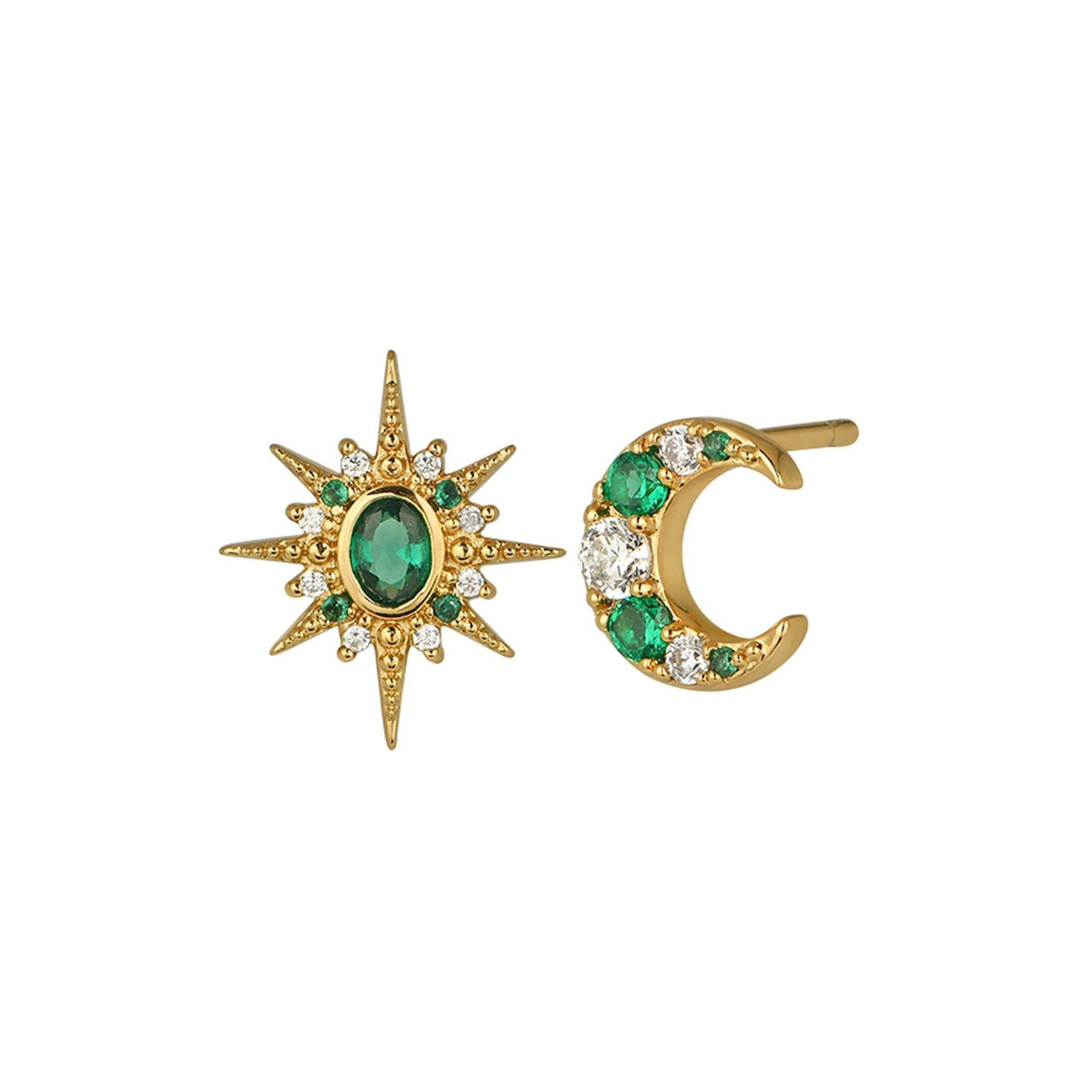 Luna Moon & Star Stud Earrings Emerald Green & Gold