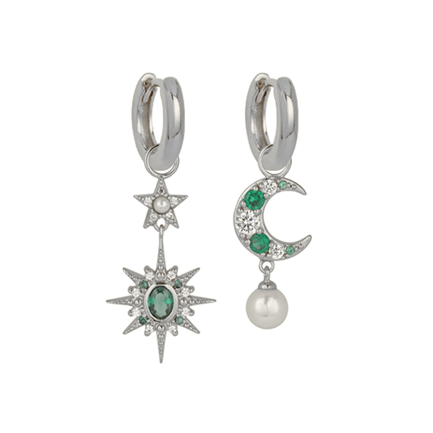 Luna Moon & Star Huggie Hoop Earrings Emerald Green & Silver