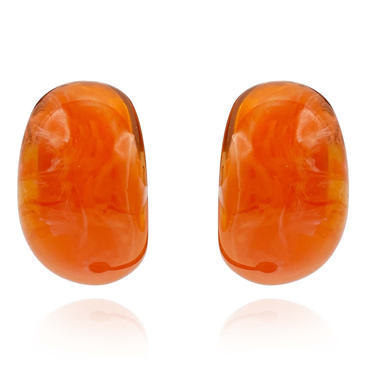 Orange Marbled Resin Semi Hoop Clip on Earrings