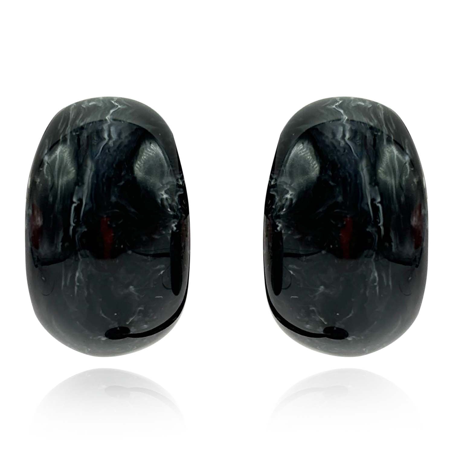 Black Marbled Resin Clip on Semi Hoop Earrings