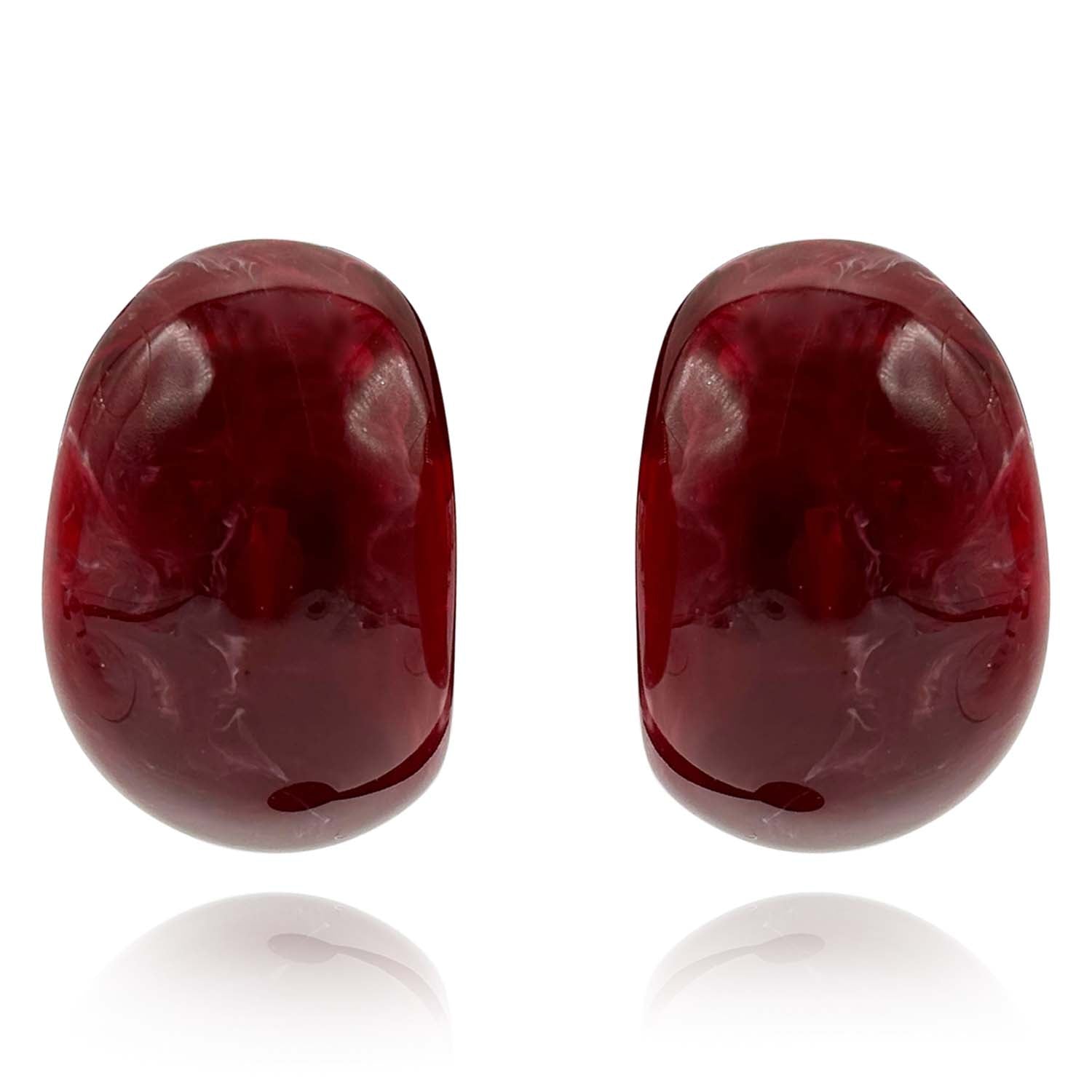 Ruby-Burgundy Marbled Resin Semi Hoop Clip on Earrings