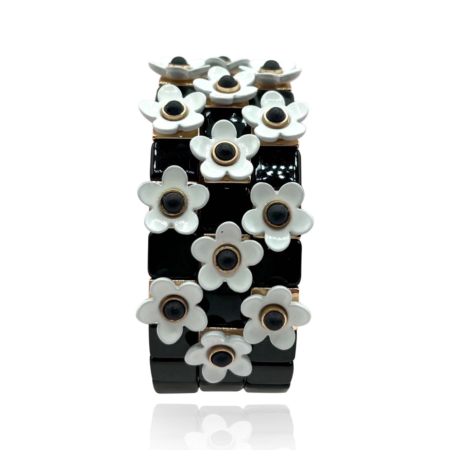 Black and White Floral Enamel Elasticized Bracelets
