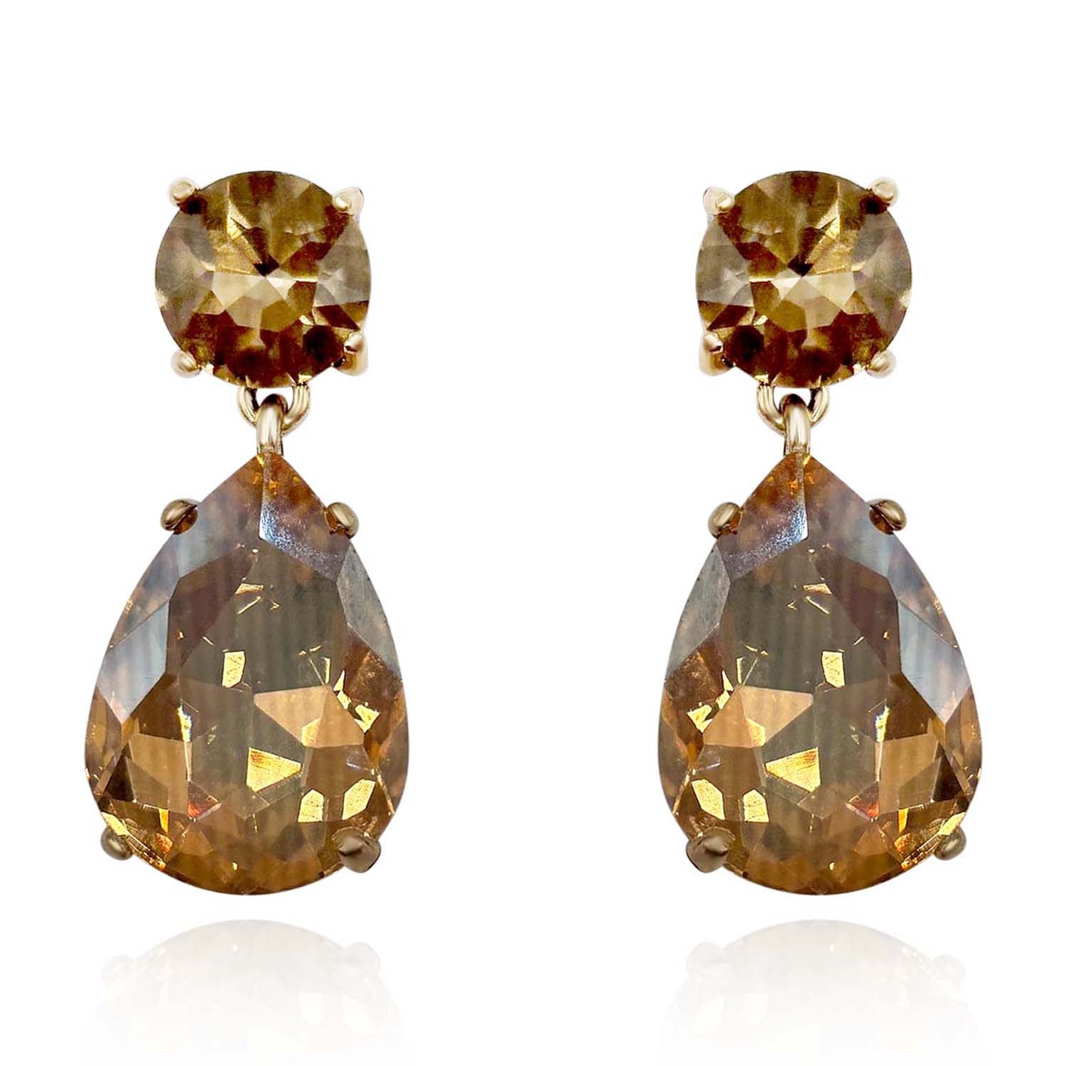 Large Pear-Faceted Champagne Crystal Drop Earrings in Brass With Gold Plating