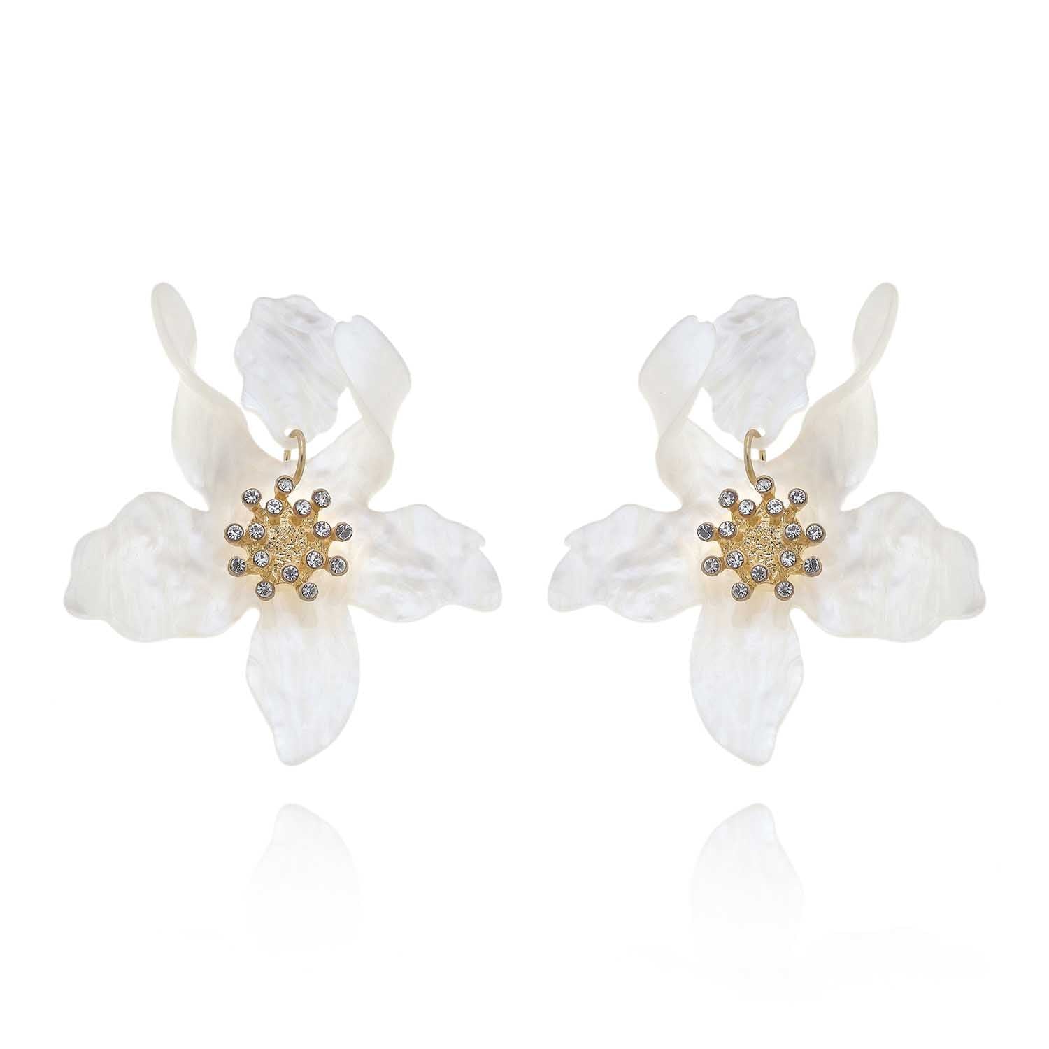 White Floral Resin Drop Earrings