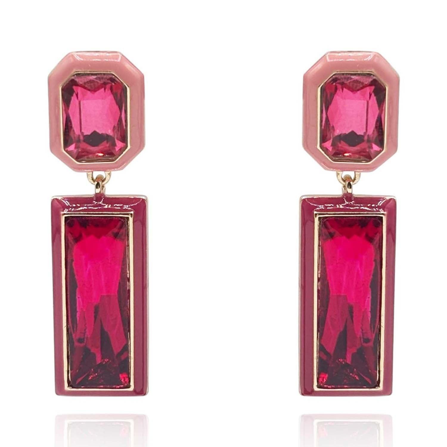 Pink and Red Enamel Edged Pink and Fuschia Glass Stone Earrings