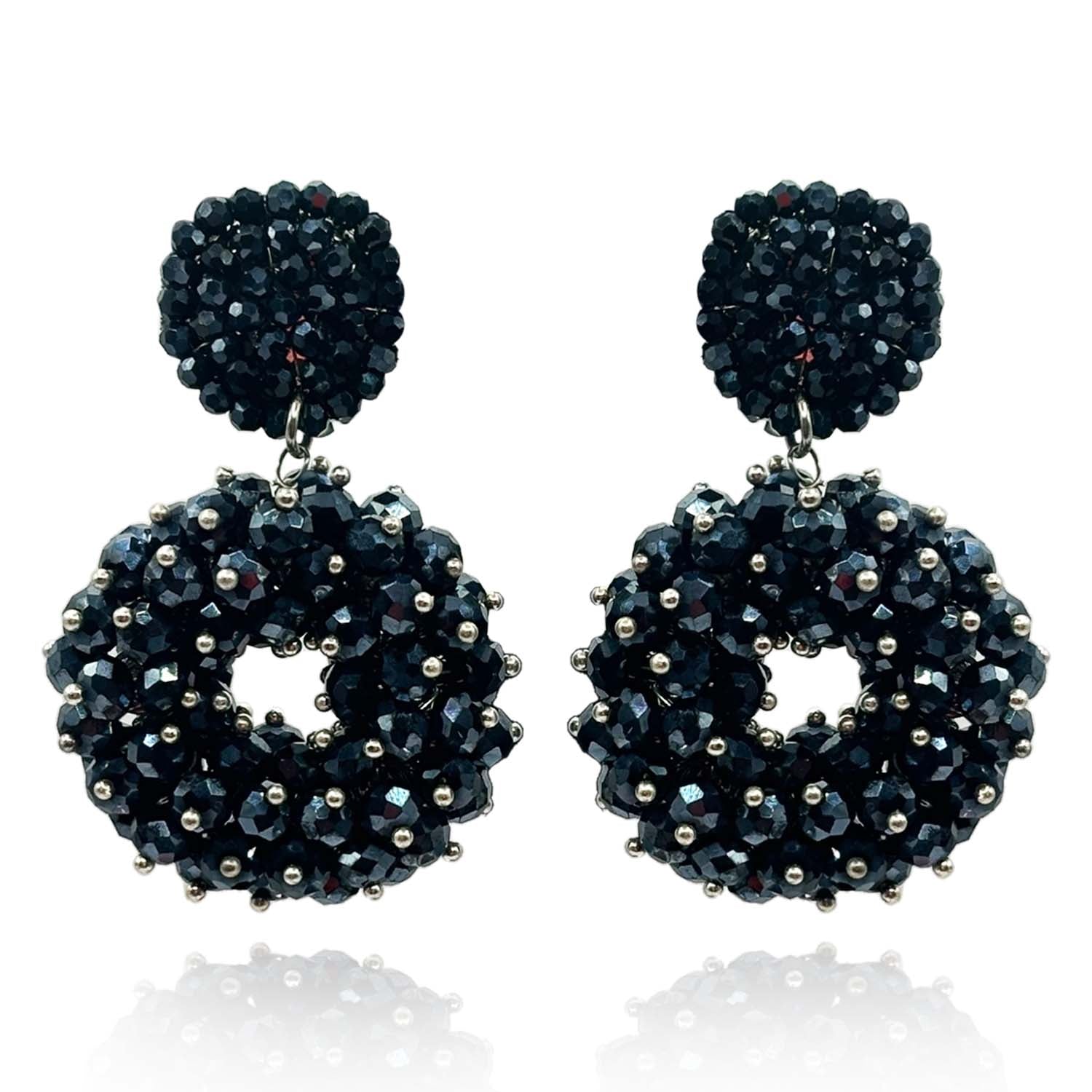 Black Glass Faceted Bead Clip on Drop Earrings