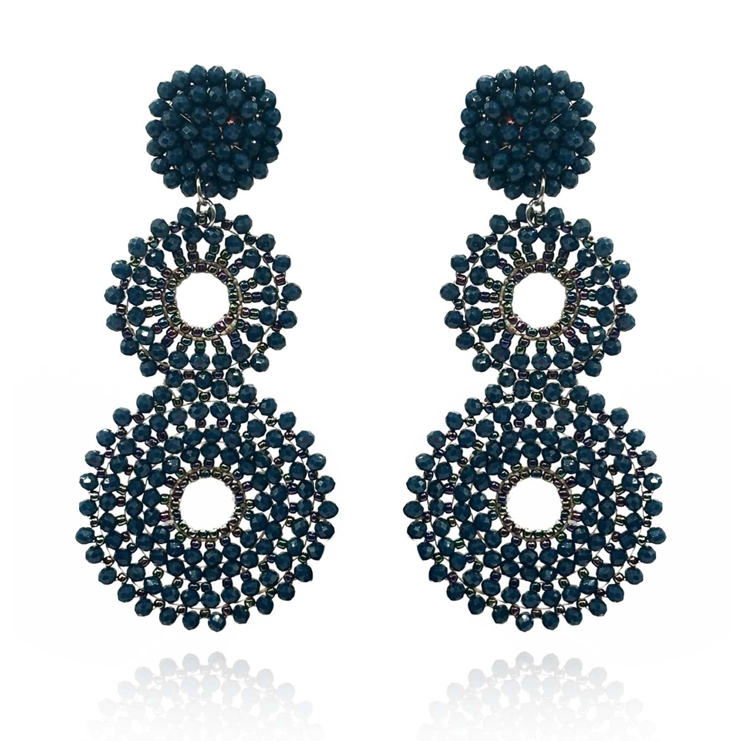 Navy Glass Clip on Boho Drop Earrings