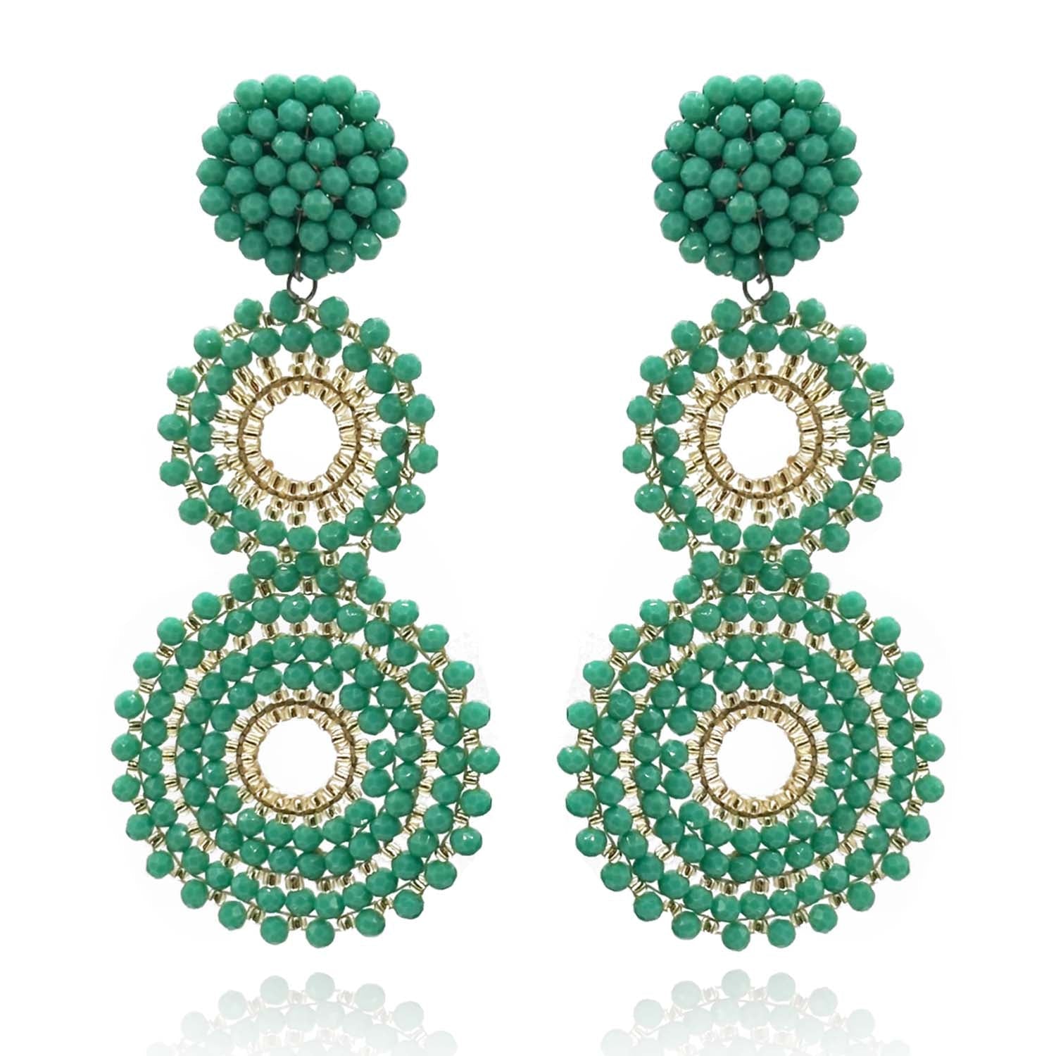 Turquoise and Gold Glass Clip on Boho Drop Earrings