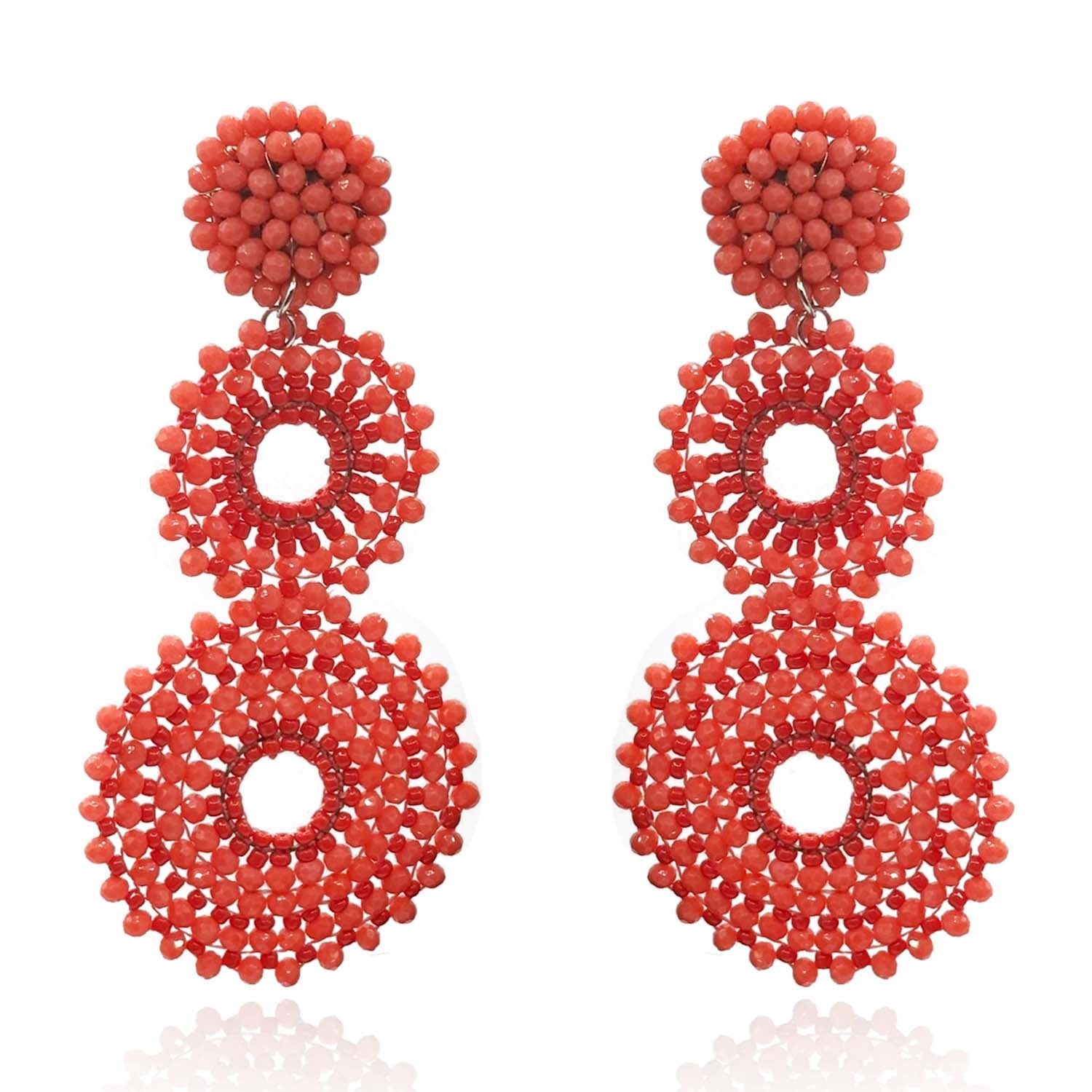 Coral Glass Clip on Boho Drop Earrings