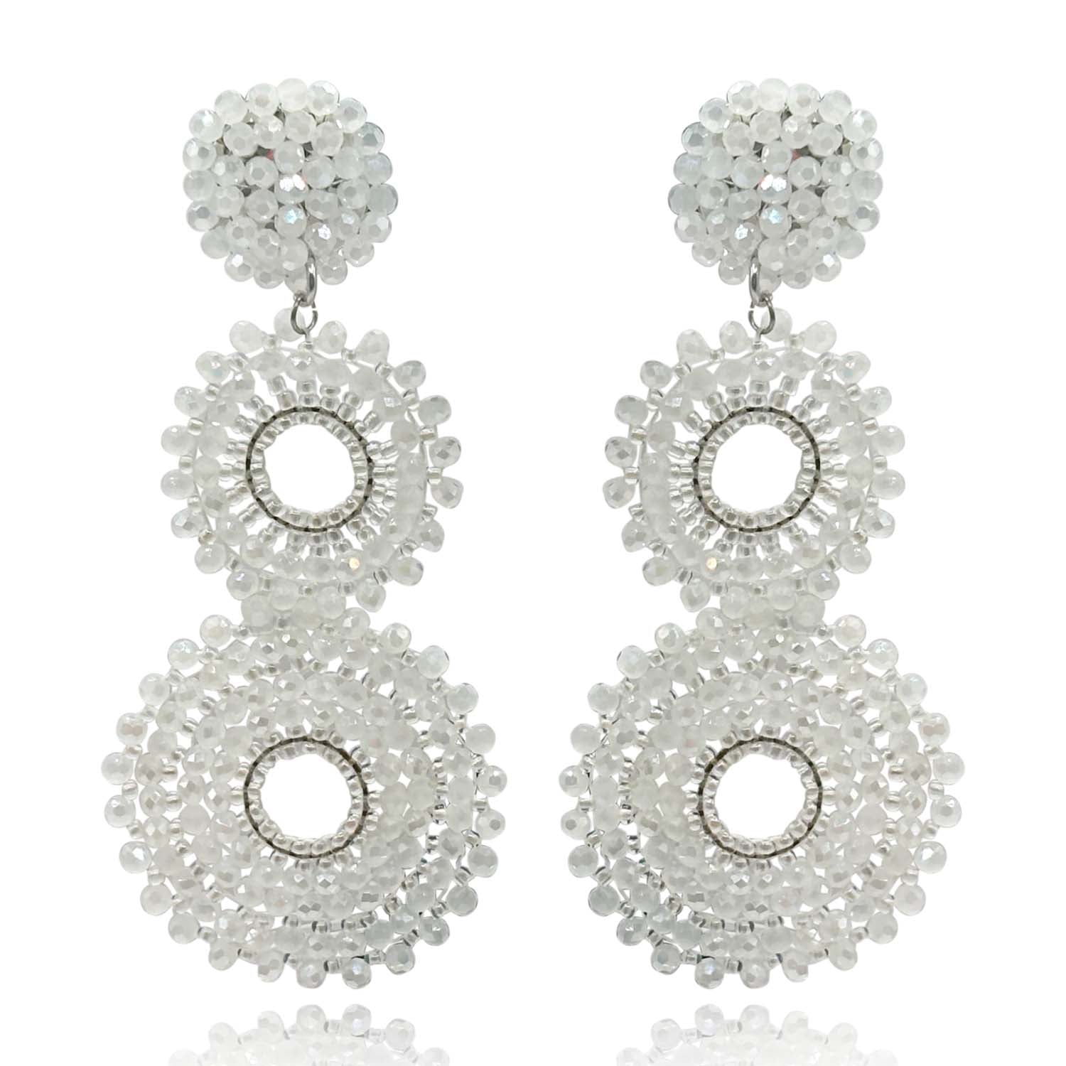 White Aurora Borealis Glass Clip on Boho Drop Earrings