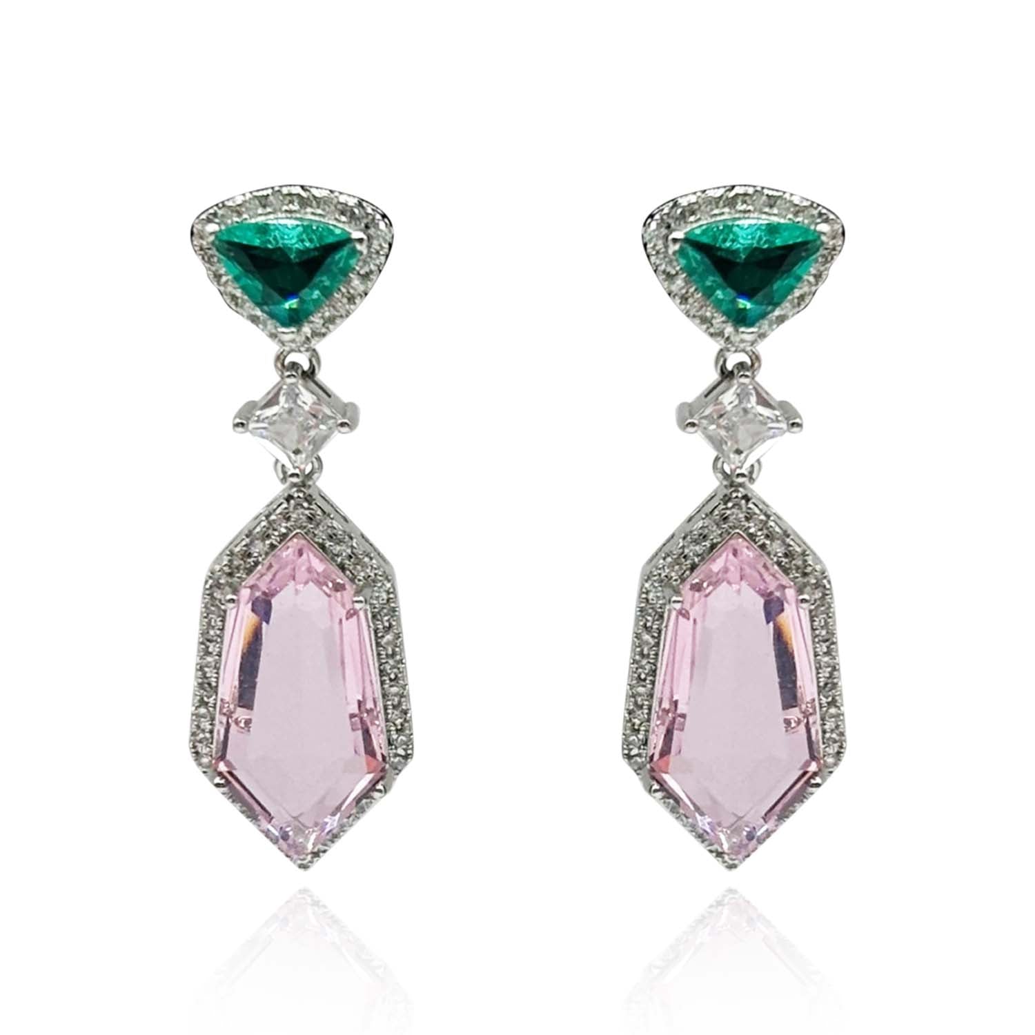 Emerald and Pink Cubic Zirconium Drop Earrings