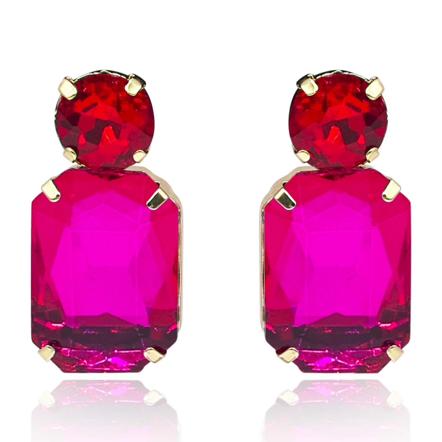 Fuschia Crystal Ocatgon and Ruby Round Stone Drop Earrings