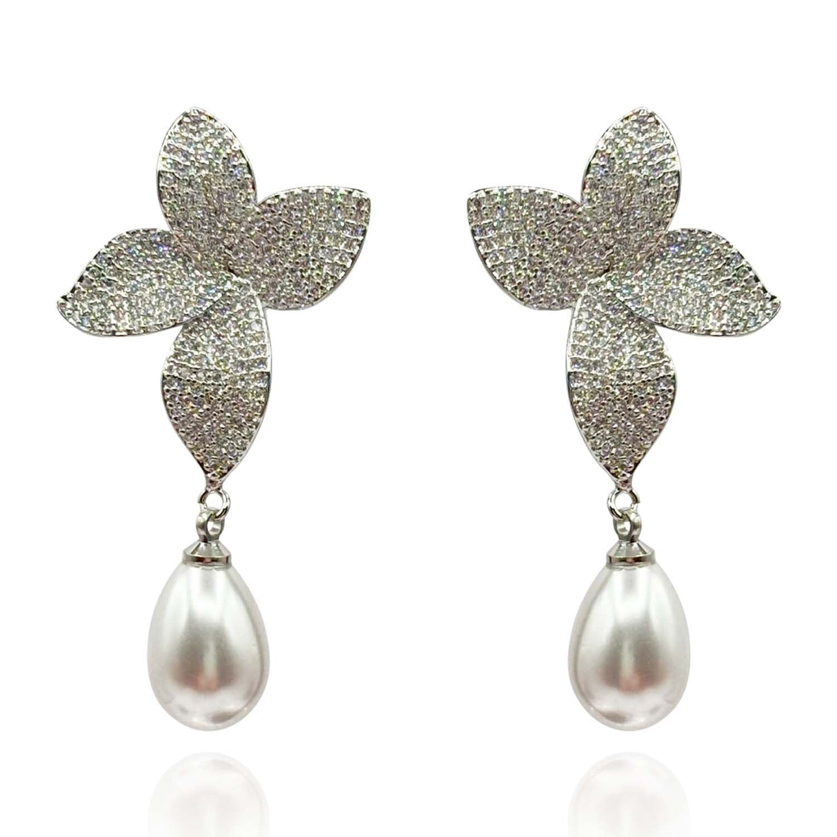 Cubic Zirconium Pave and Pearl Drop Clip on Earrings