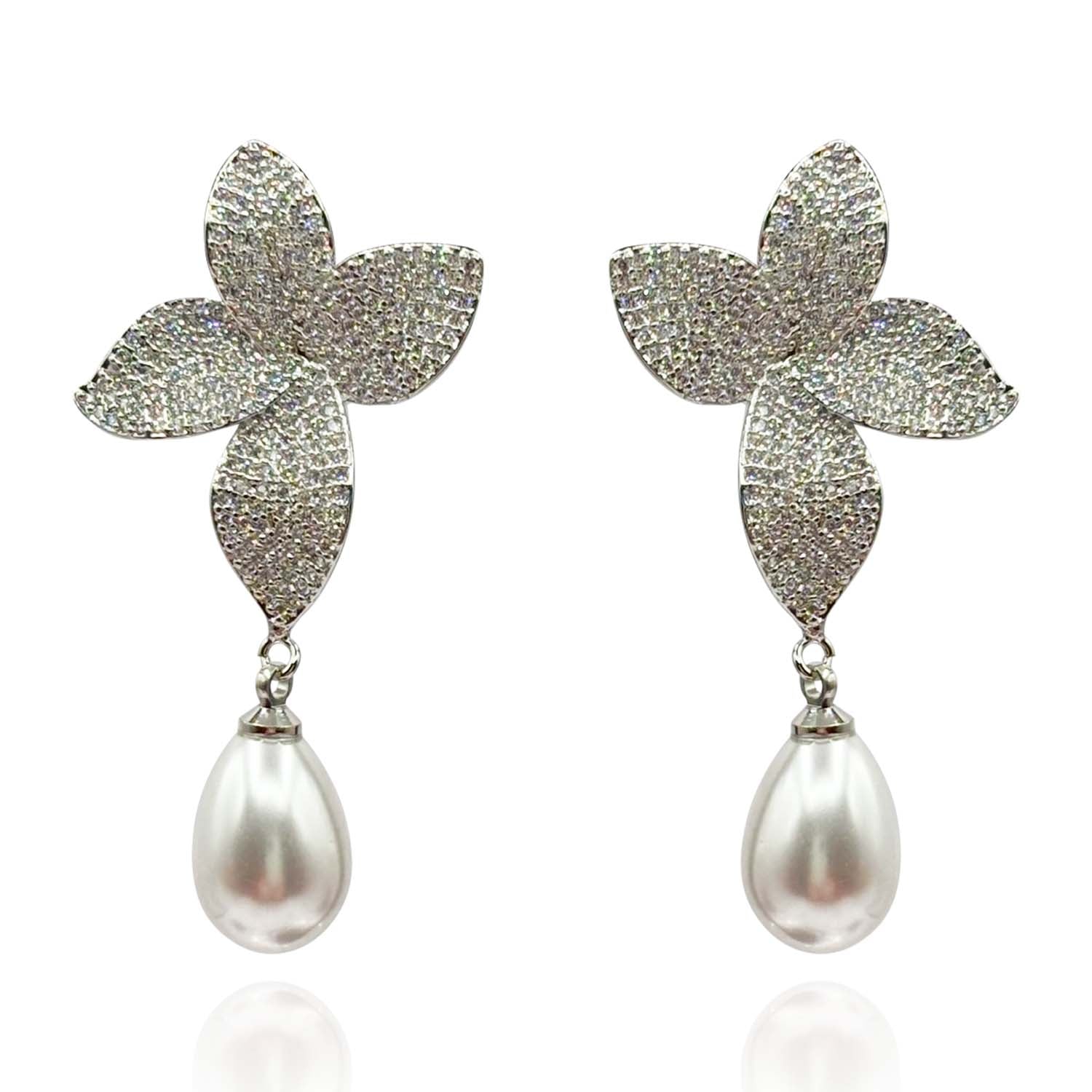Cubic Zirconium Pave and Pearl Drop Clip on Earrings