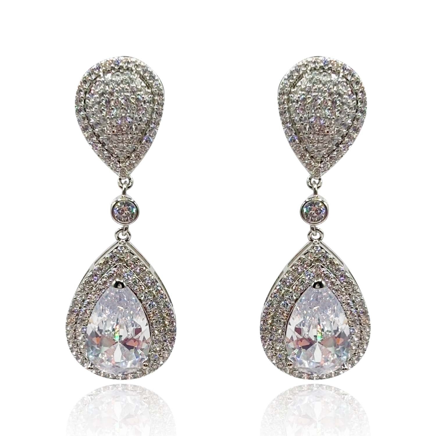 Cubic Zirconium Pear Shape Drop Clip on Earrings