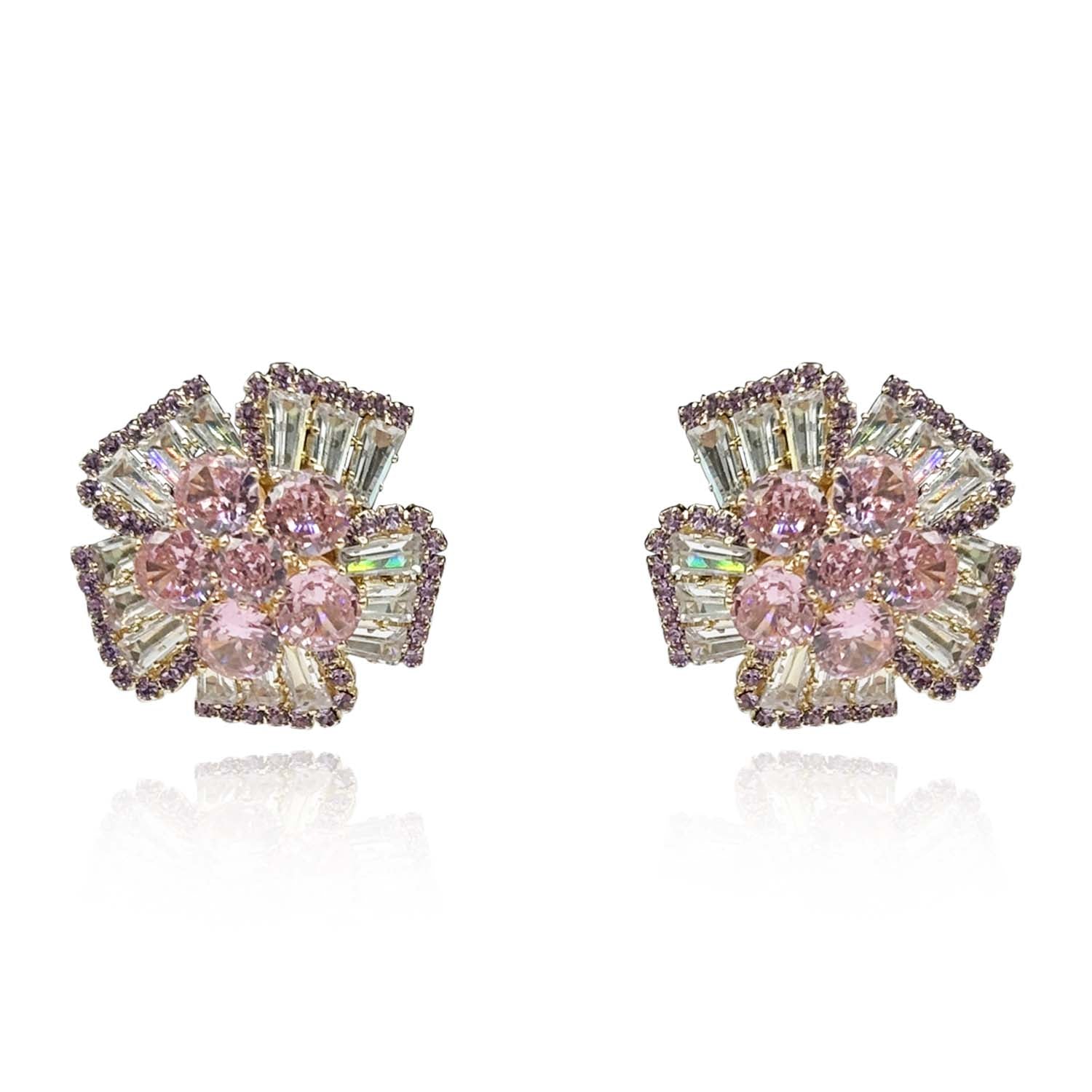 Pink Sapphire and Baguette Crystal Clip on Button Earrings