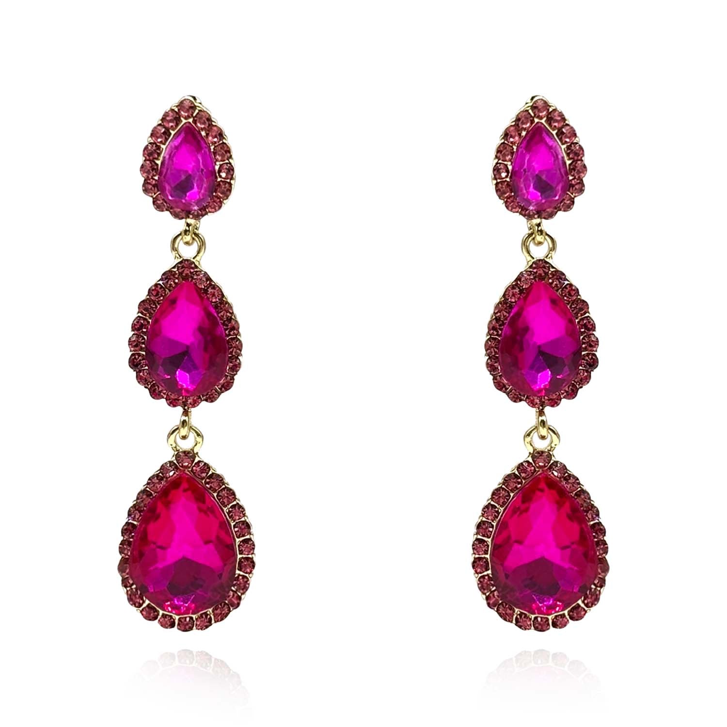 Triple Pear Shape Fuschia Glass Drop Earrings