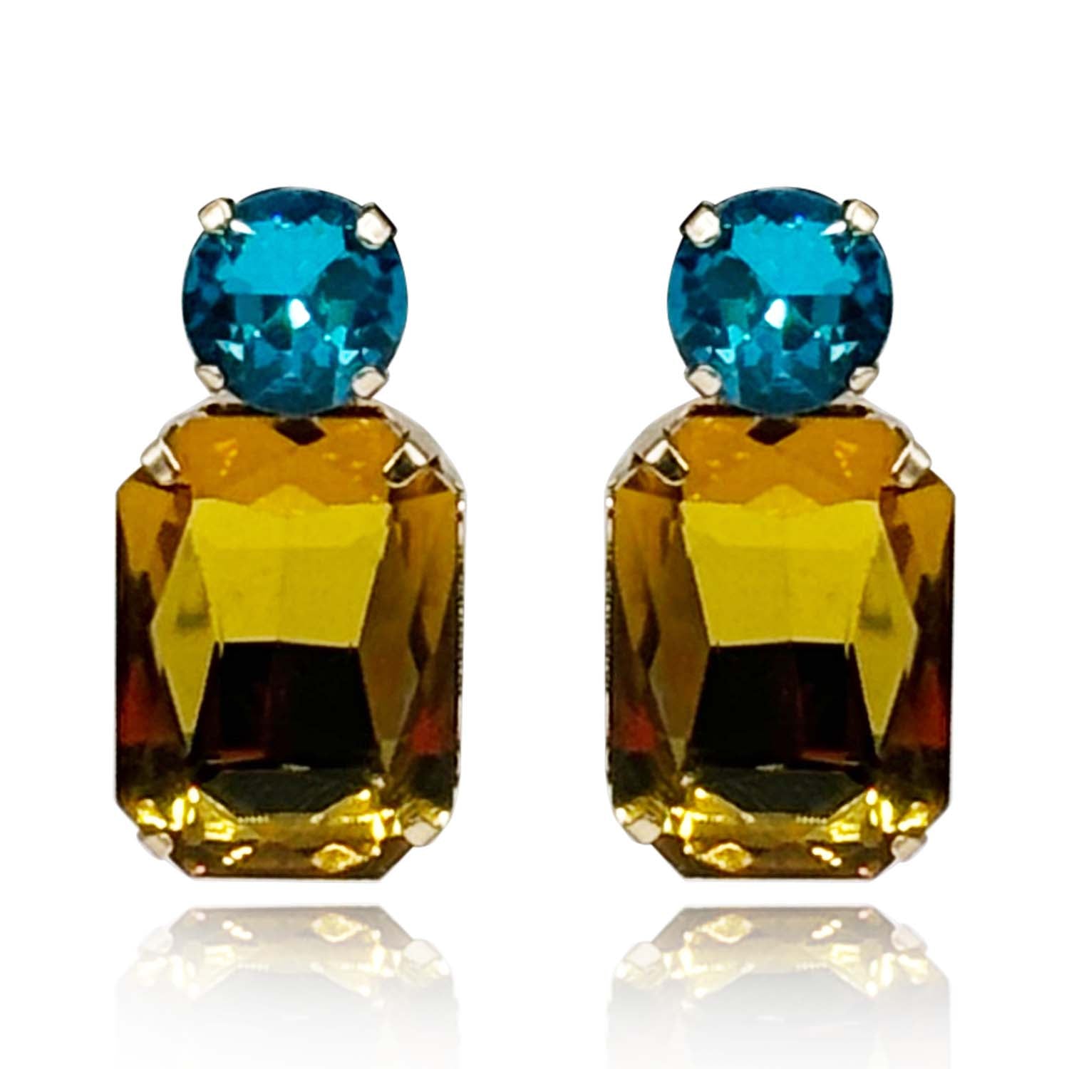 Topaz Crystal Ocatgon and Aqua Round Stone Drop Earrings I