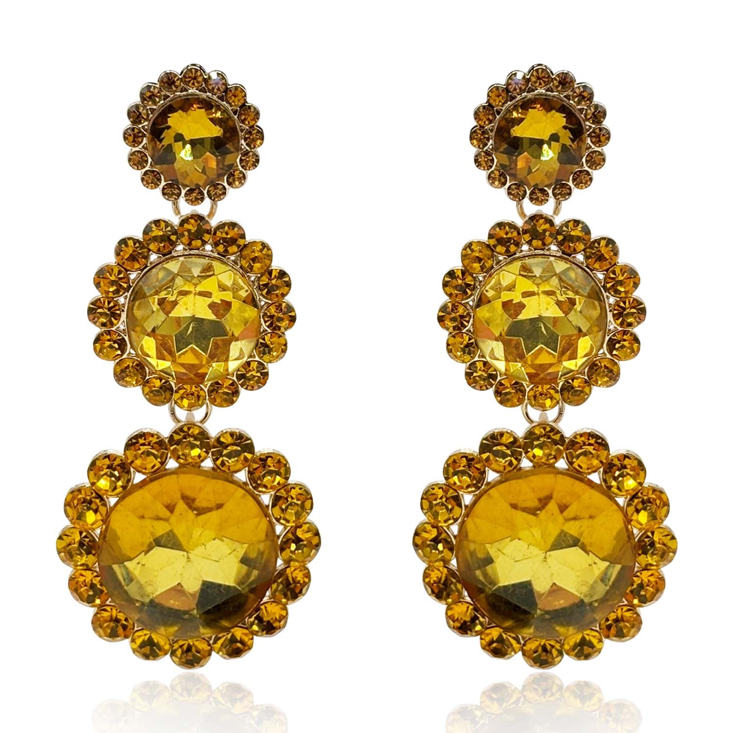 Triple Round Crystal Topaz Drop Earrings Surrounded by Round Topaz Stones