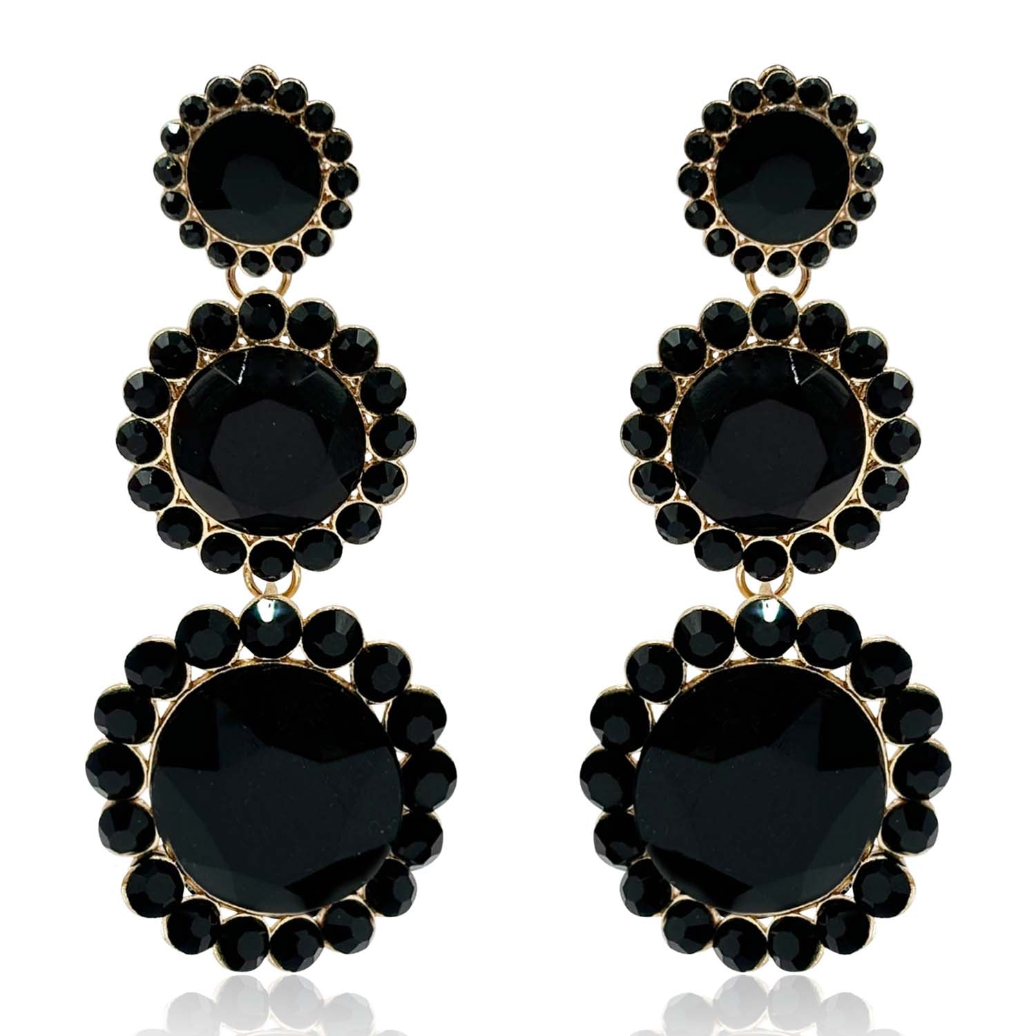 Triple Round Crystal Jet Drop Earrings Surrounded by Round Jet Stones