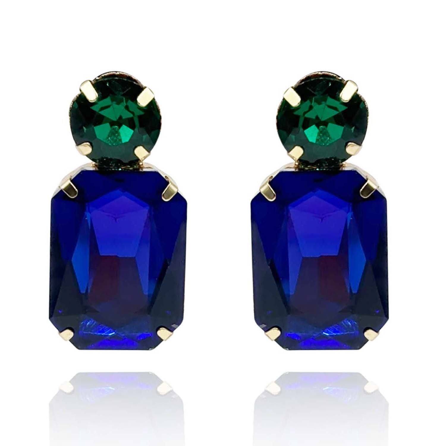 Dark Sapphire Crystal Ocatgon and Emerald Round Stone Drop Earrings