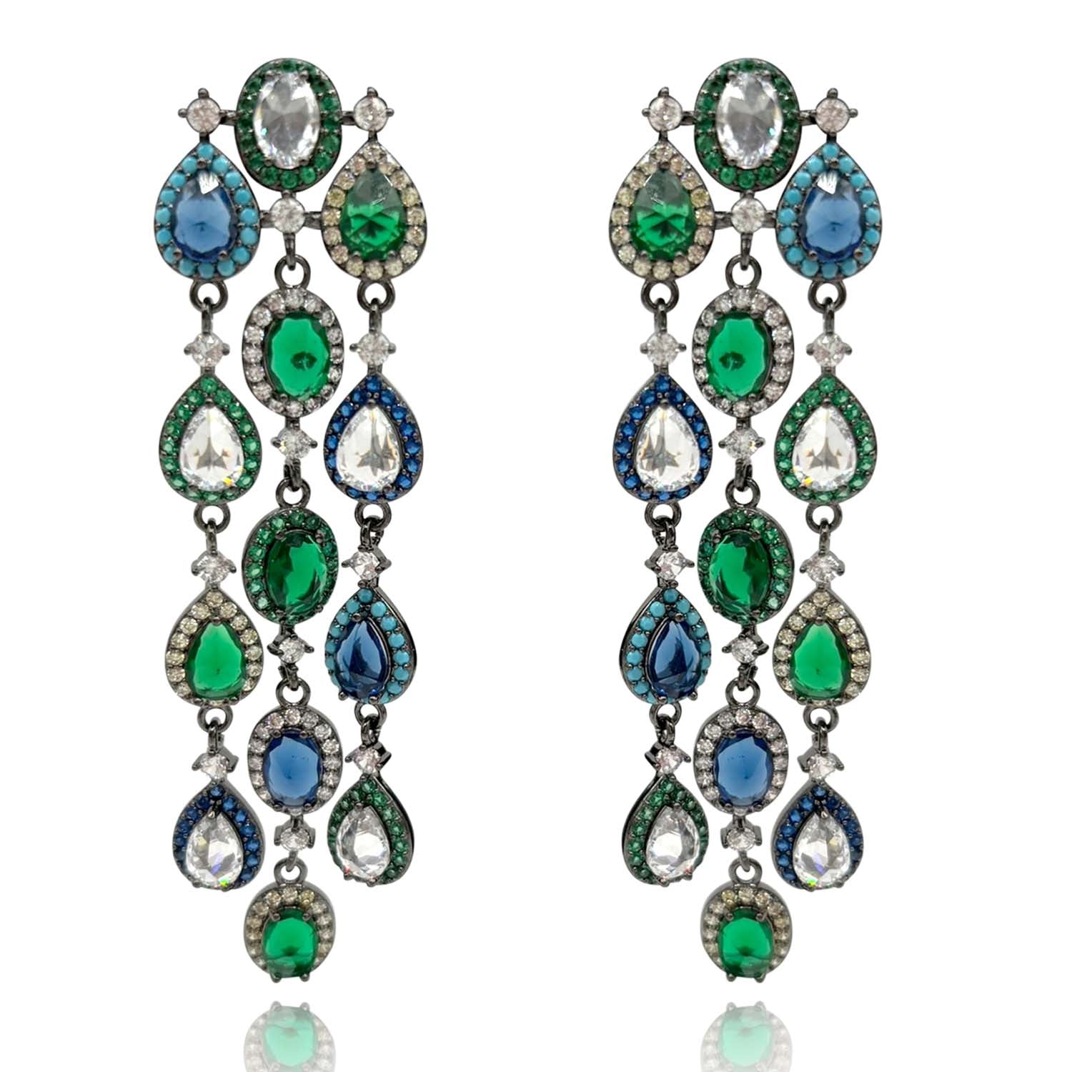 Multi-Color Crystal Gemstone Clip on Earrings Set in Blackened Rhodium
