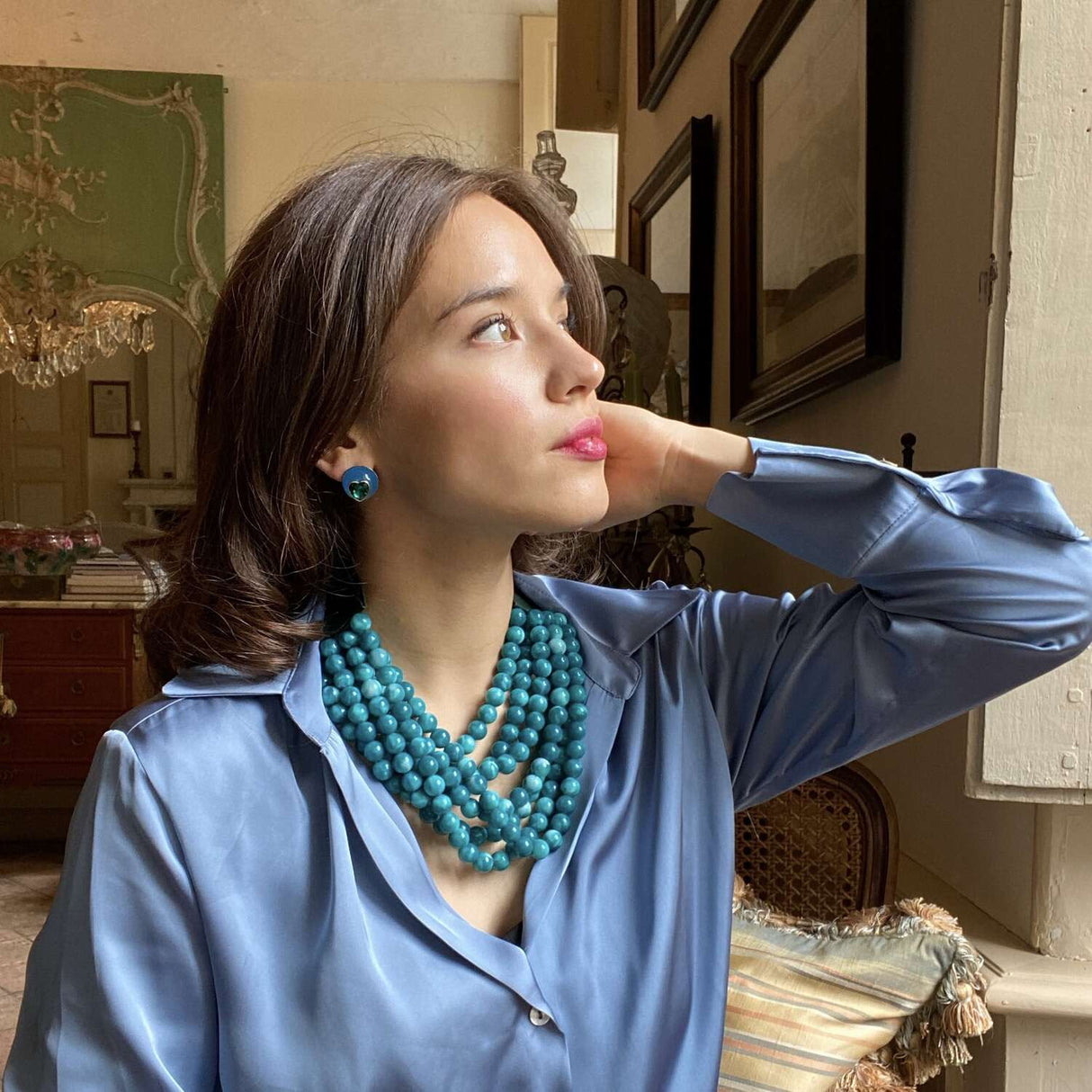 Multi-Strand Faux Resin Shades of Turquoise Necklace With Vegan Adjustable Clasp
