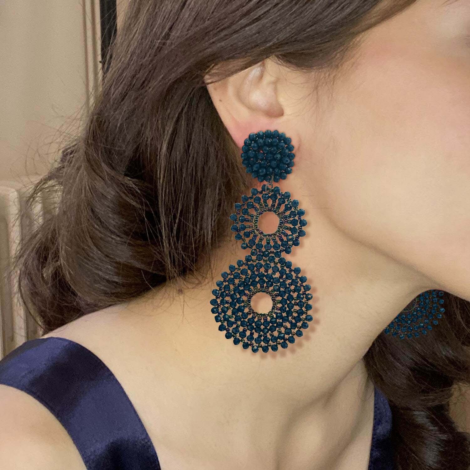 Navy Glass Clip on Boho Drop Earrings